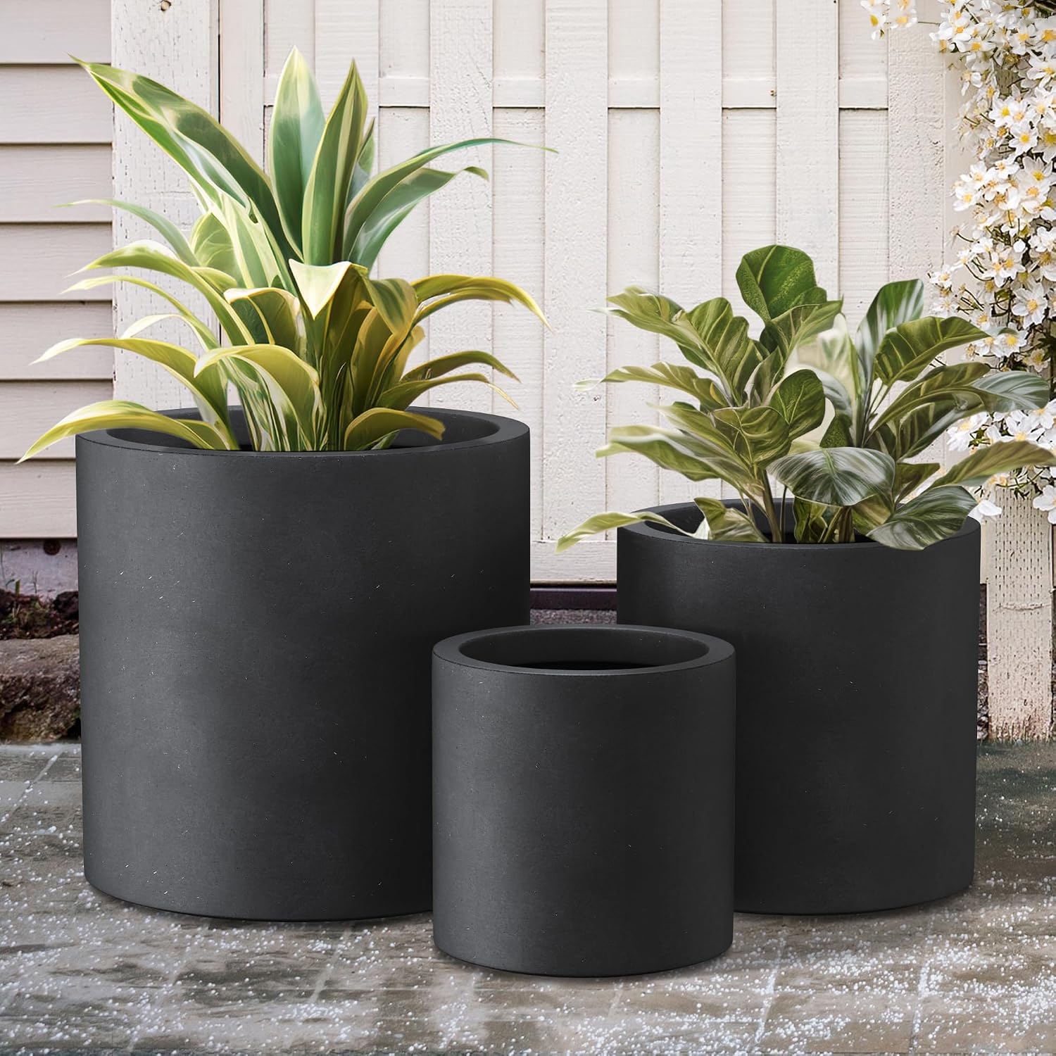 Kante Large Round Cylinder Charcoal Concrete Planter 15.8" Tall, Outdoor