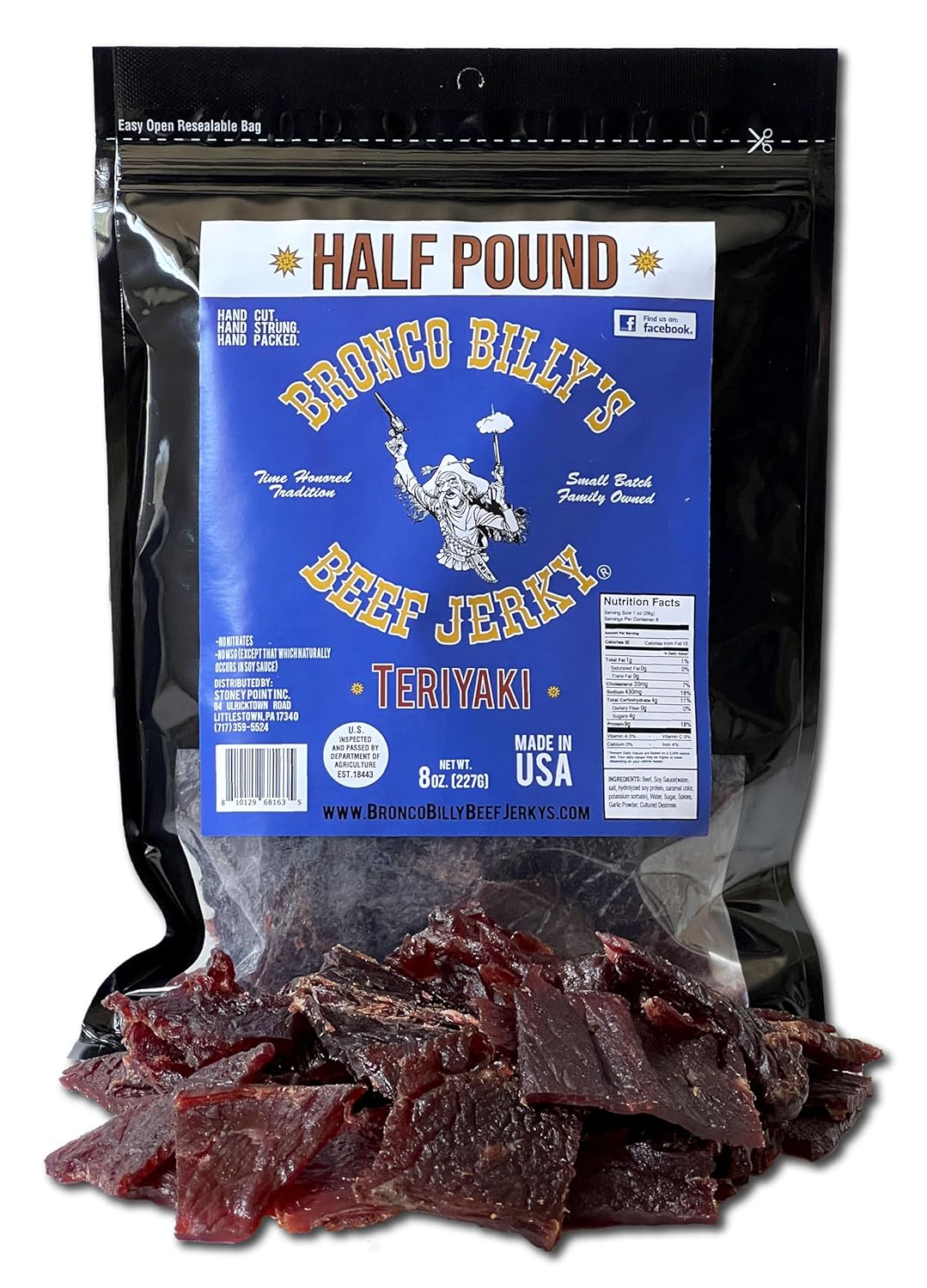Bronco Billy's Beef Jerky Hickory Smoked Old Country Half Pound Resealable Bag