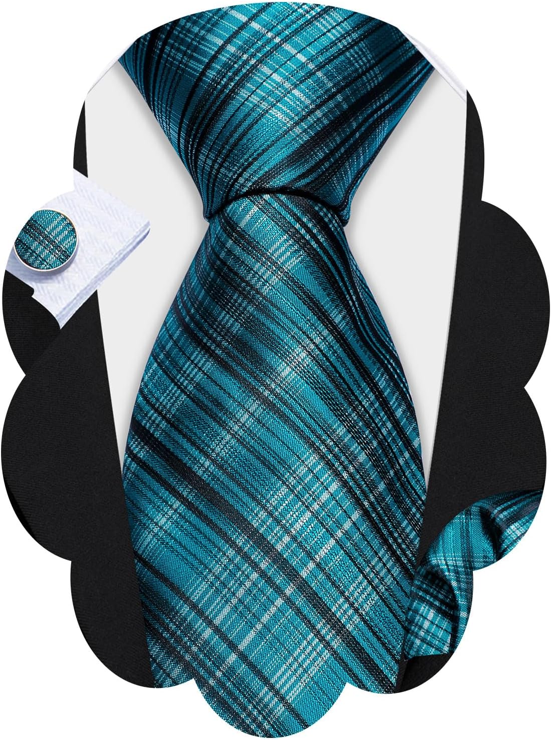 Barry.Wang Plaid Ties for Men Silk Necktie Handkerchief Cuff Links Set