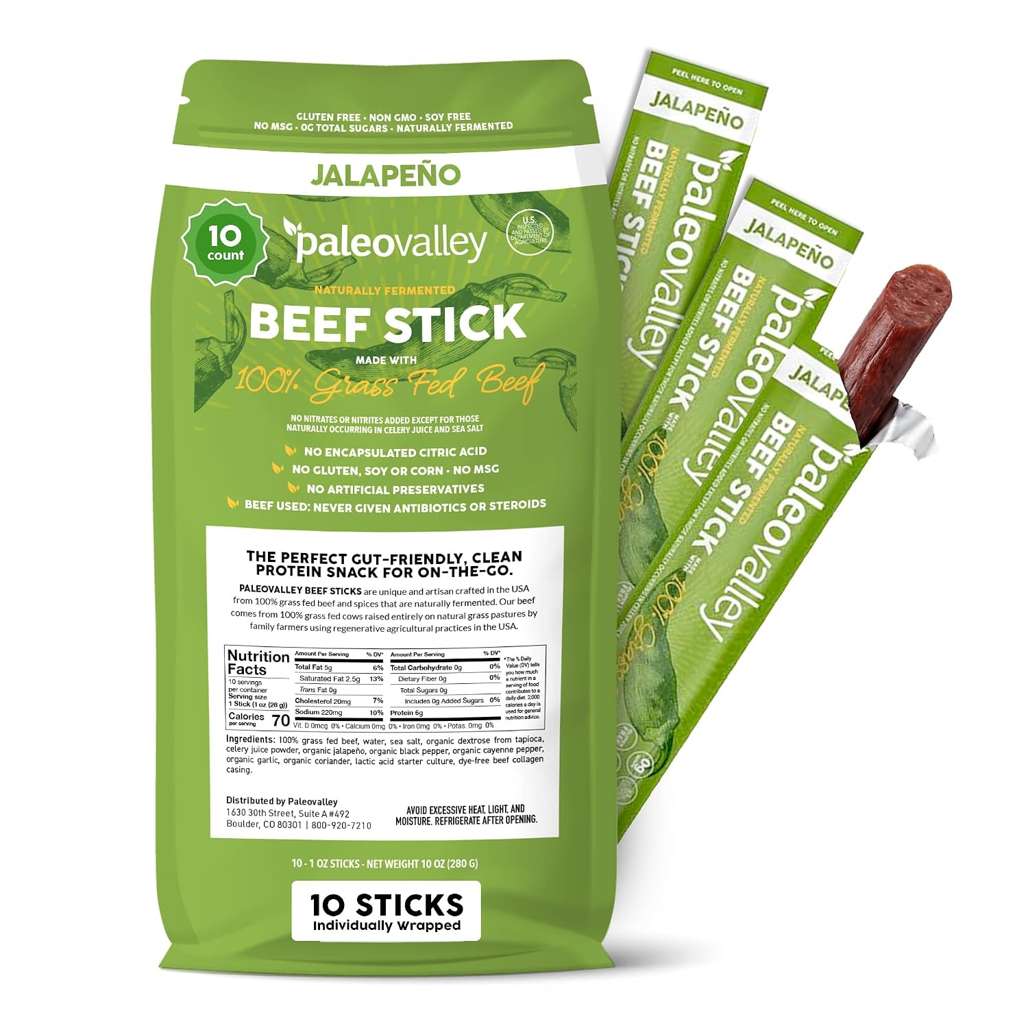 Paleovalley 100% Grass Fed Beef Sticks, Protein Snacks, Original | 10 Count, Individually Wrapped, Naturally Fermented, Gluten Free, Keto and Paleo, Made With Simple Ingredients, 6g Protein