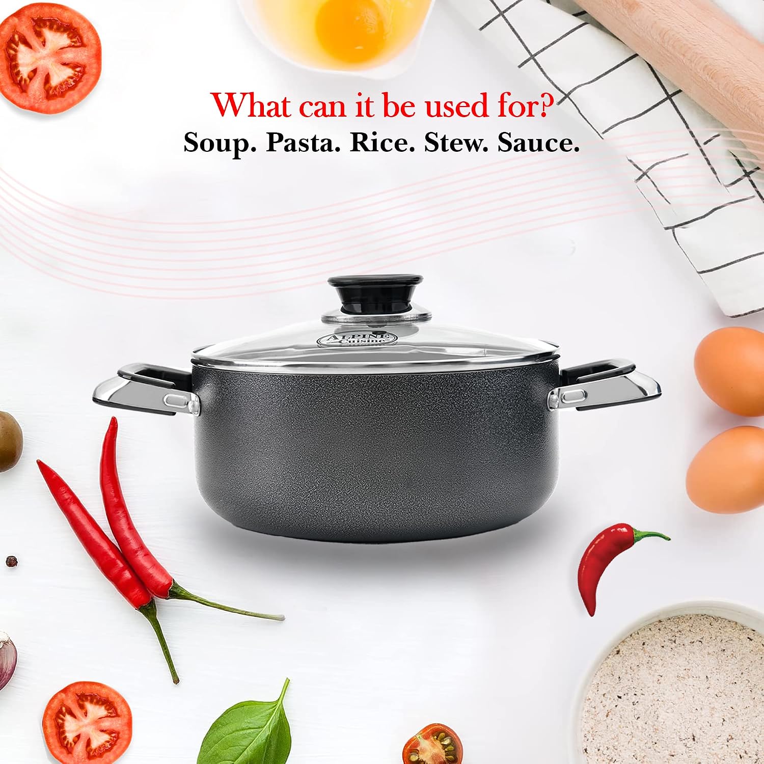 Alpine Cuisine 4 Quart Non-stick Stock Pot with Tempered Glass Lid and Carrying Handles, Multi-Purpose Cookware Aluminum Dutch Oven for Braising, Boiling, Stewing