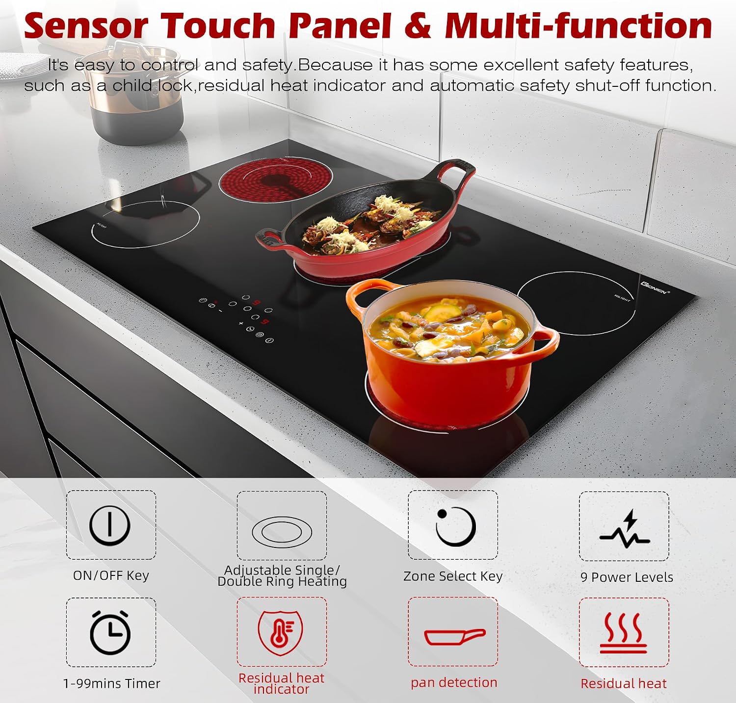 Electric Cooktop 36 Inch 5 Burners, 220~240V, Built in Electric Stove Top, 8400W Radiant Ceramic Cooktop with Hardwired, Touch Control, Child Lock