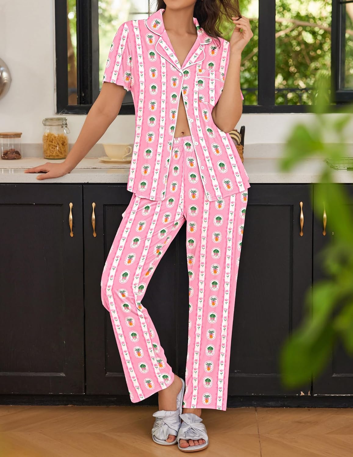 Ekouaer Womens Pajamas Set Short Sleeve Button Down Top & Pants Lounge Pjs
