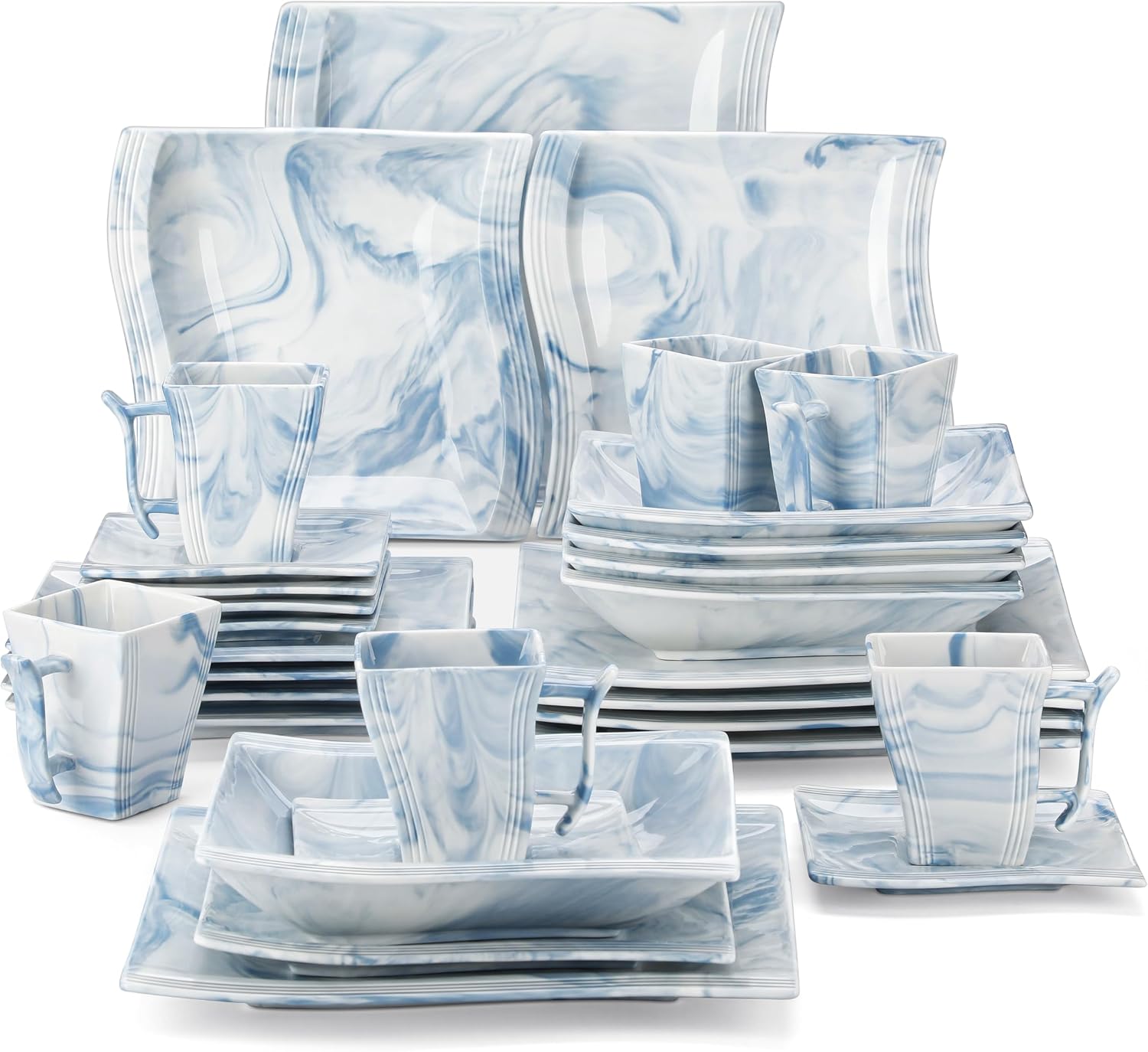 MALACASA Plates and Bowls Sets, 26 Pieces Ivory White Porcelain Dinnerware Sets without Mugs, Square Dinnerware with Dinner Plates, Bowls and Serving Platters, Modern Dish Set for 6, Series Flora