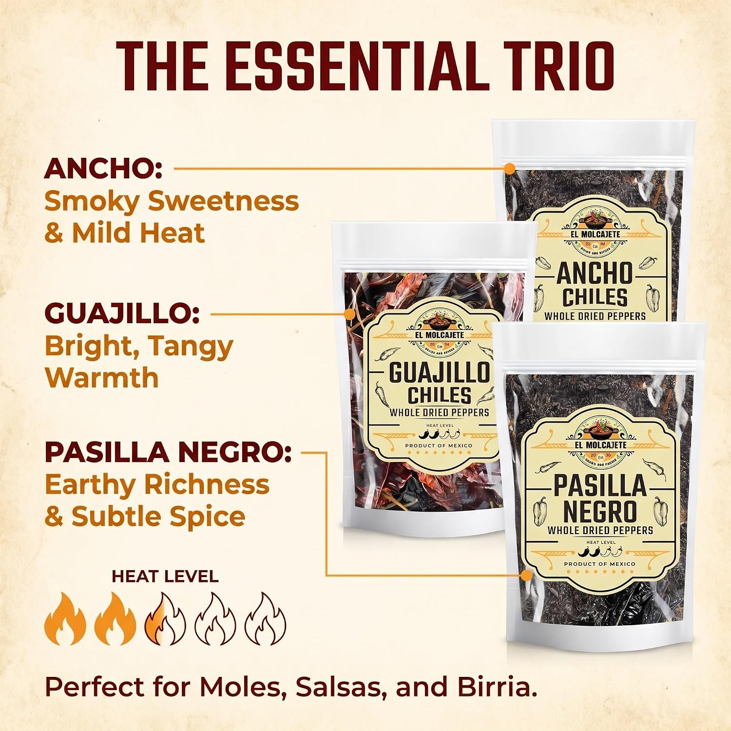 Dried Chile Peppers Variety 3x4oz Ancho Guajillo Pasilla Mexican Chili | Ancho: sweet smoky. Guajillo: fruity. Pasilla: earthy tangy. Whole pods for