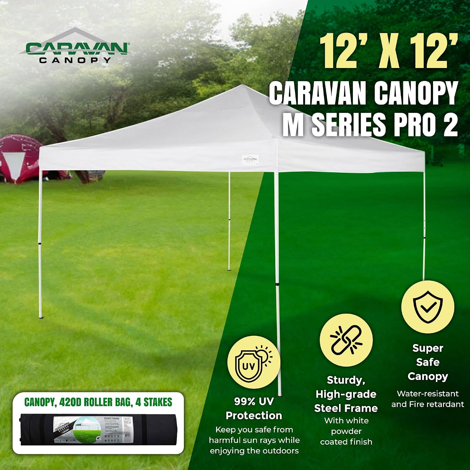Caravan Canopy 12 by 12 Foot Polyester Straight Steel Leg Instant Pop Up Canopy Tent with Adjustable Height for Outdoor Events, Blue | 150D polyester top with 99 percent UV protection, 3 height settings to 9 ft, steel frame, roller bag and 4 stakes