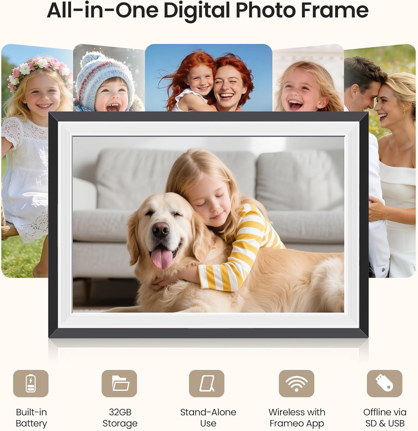 BIGASUO Digital Picture Frame, 10.1" Frameo Digital Frame WiFi with 32GB Memory, 1280x800 IPS Touch Screen