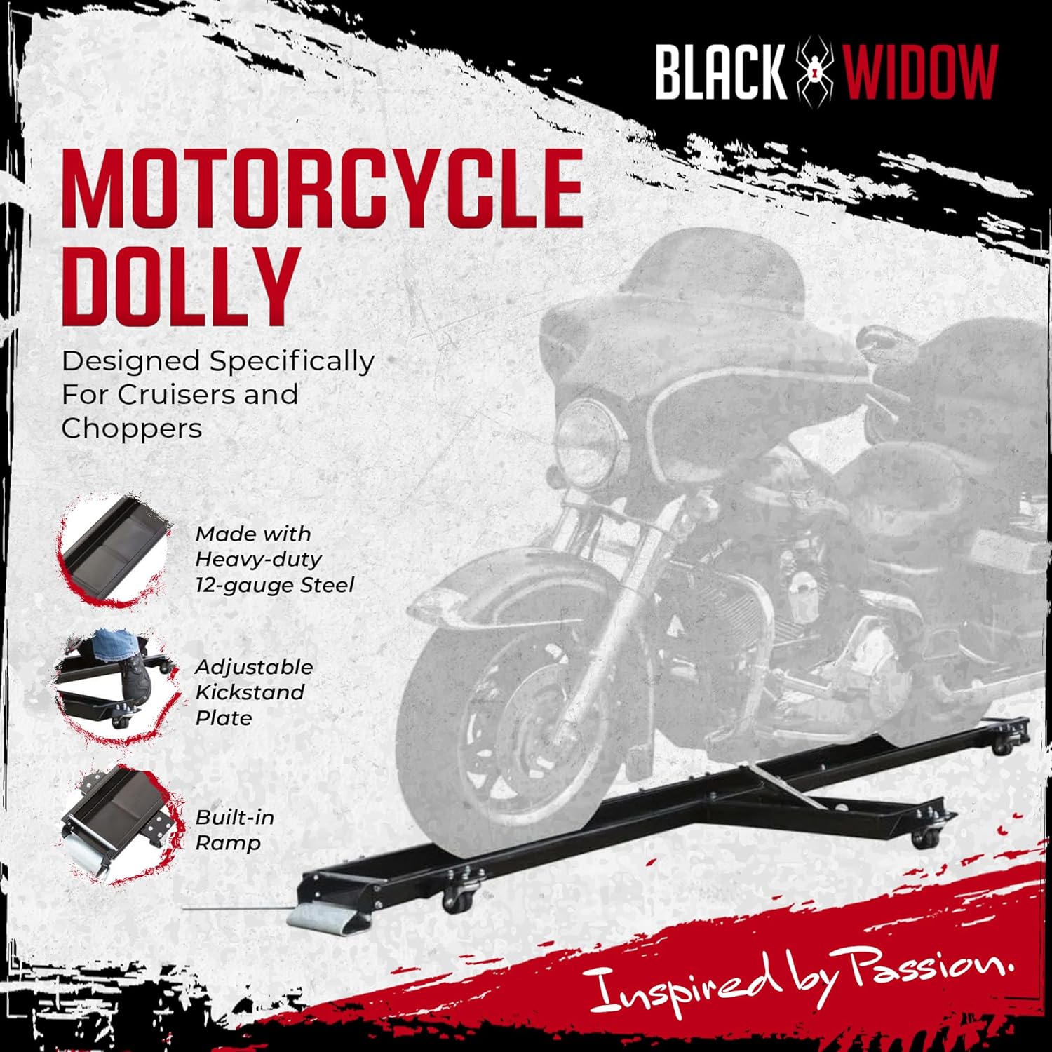 Black Widow Motorcycle Dolly Extra-Long for Cruisers Choppers 1,250 lb Cap