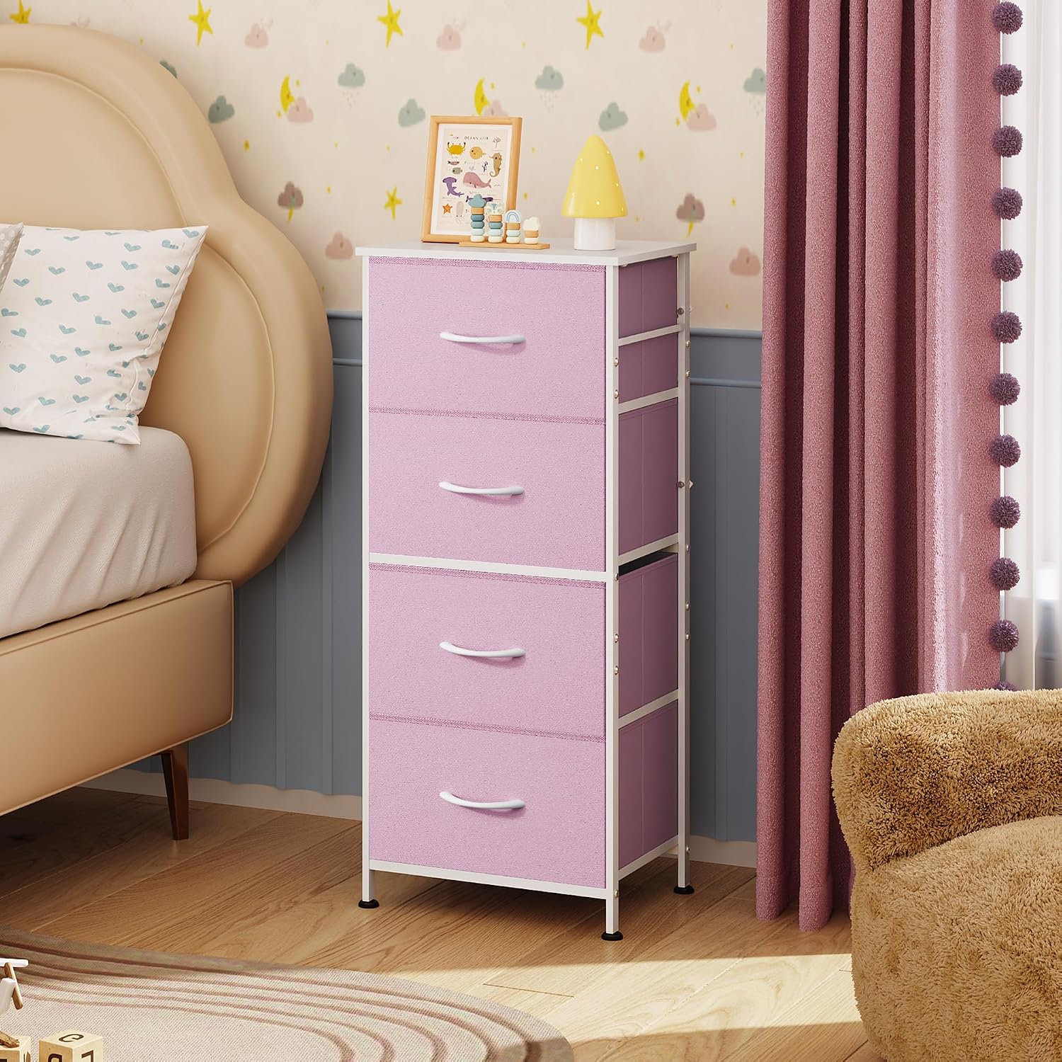 WLIVE Small Dresser Nightstand for Bedroom, 4 Drawers, Light Grey | 4 vertical fabric drawers, Space-saving tower, Bedroom or closet use, Chest of drawers, Dresser for small spaces