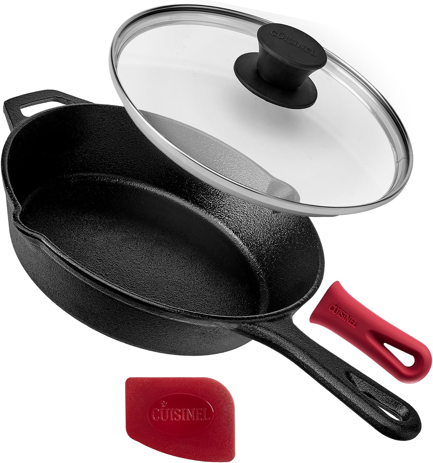 Cuisinel Cast Iron Skillet with Lid - 10"-Inch Pre-Seasoned Frying Pan + Glass Cover + Heat-Resistant Handle Holder - Indoor/Outdoor Use - Grill, Stove, Camp Firepit, Induction - Oven Safe Cookware