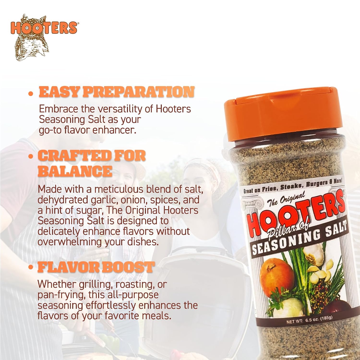 The Original Hooters Seasoning Salt - Onion & Garlic Flavored All Purpose Blend for Meat, Fries, Burger, Seafood, Beef, Salad, Chicken Seasoning - 147 Servings - 6.5 oz