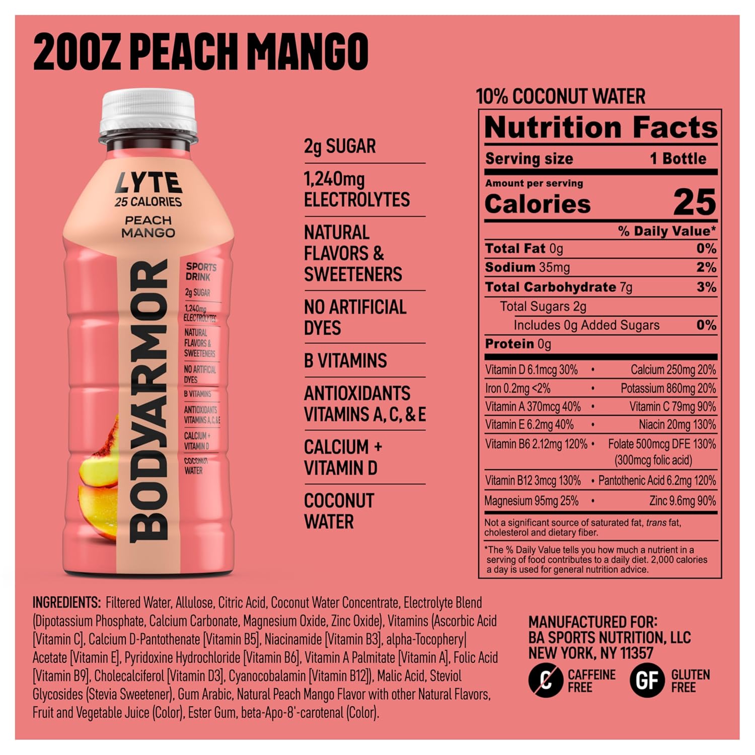 BODYARMOR LYTE Sports Drink, Peach Mango Electrolyte Drink, 12 Oz (8 Pk)
