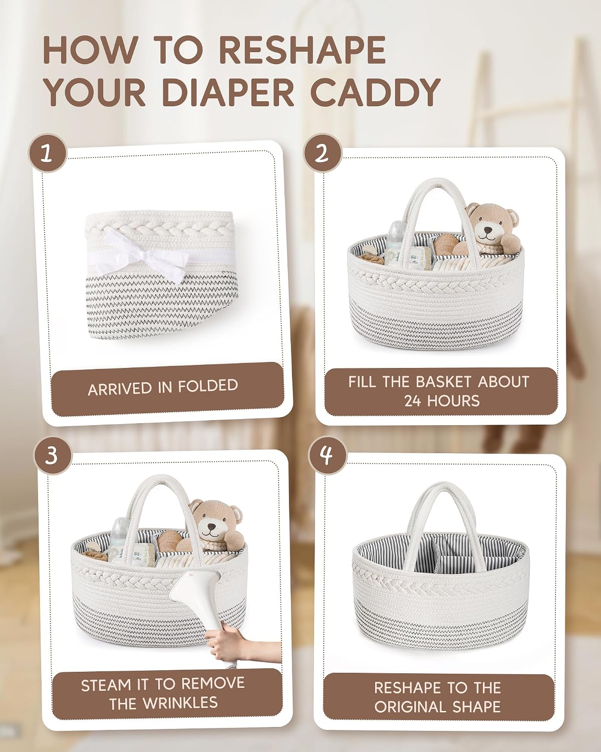 Maliton Diaper Caddy Organizer for Baby, Cotton Rope Baby Gift Basket, Portable Diaper Organizer for changing table, Nursery Storage Organizer