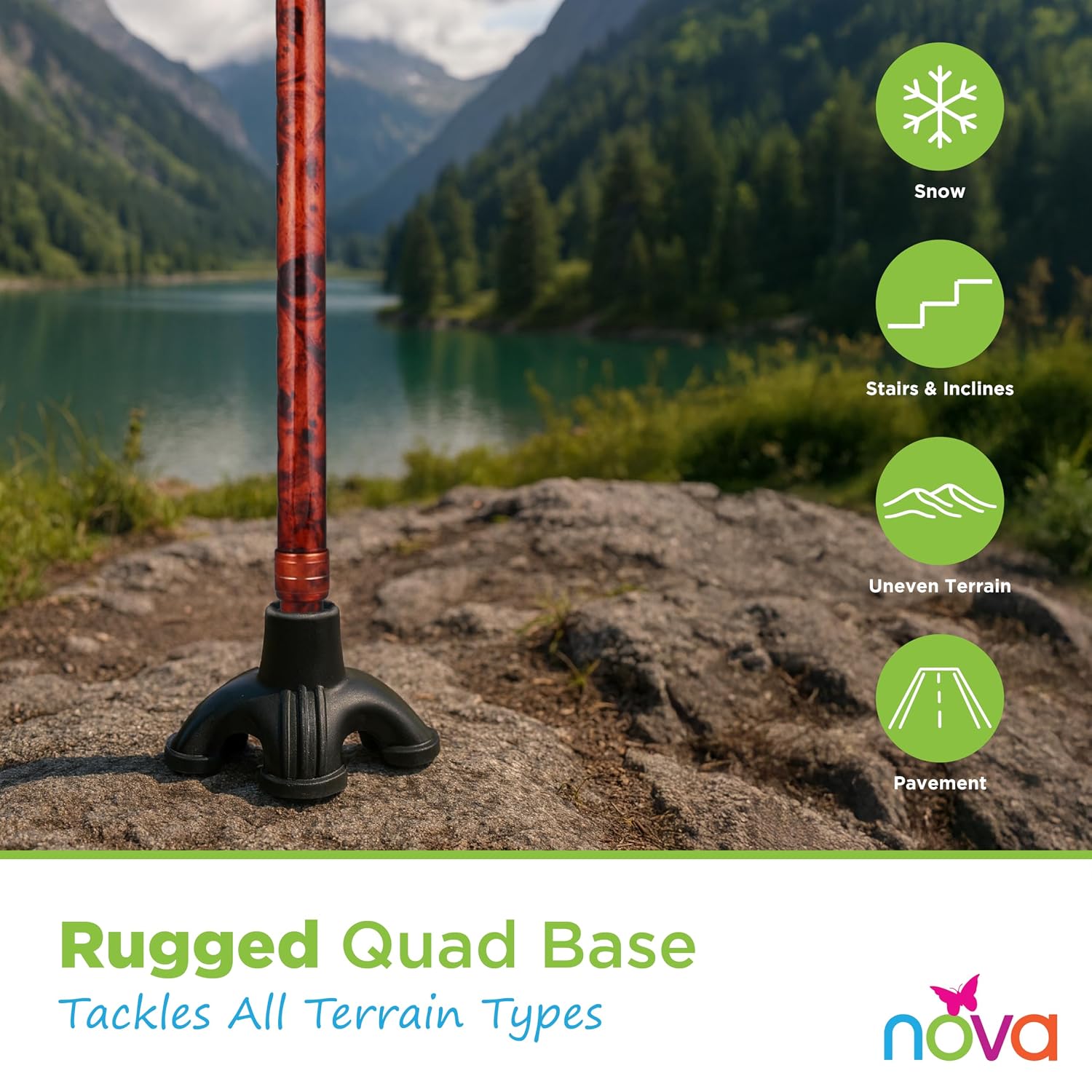 Nova Joy Designer Offset Quad Cane for Seniors - Unisex Adjustable Lightweight Walking Aid with Foam Handle, Wrist Strap and Anti-Rattle Lock - Essential Mobility Support - Maui Flowers
