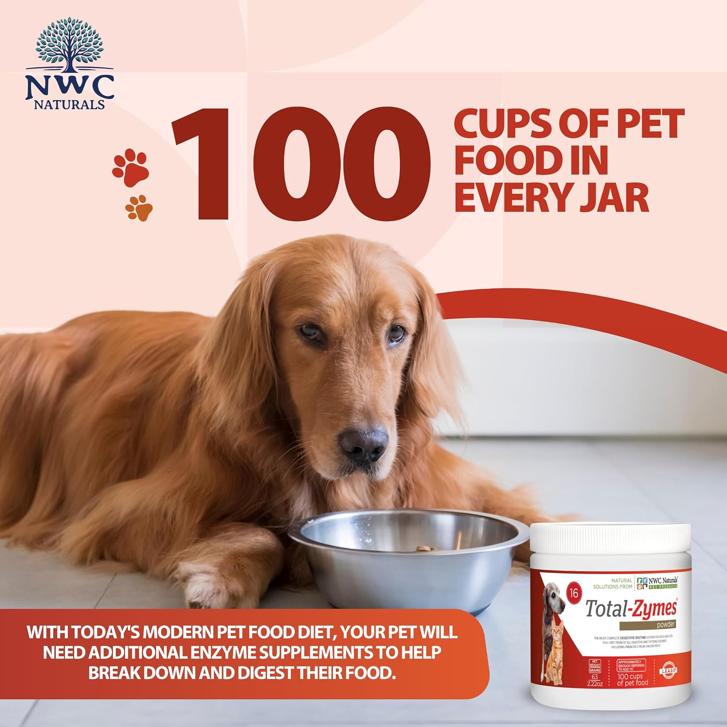 Total-Zymes Digestive Enzymes for Dogs and Cats, 8 oz. Powder | Unflavored Daily Powder, Mix 1 Scoop per Cup of Food, 16 Plant-Based Enzymes and Prebiotic Support Digestion and Absorption