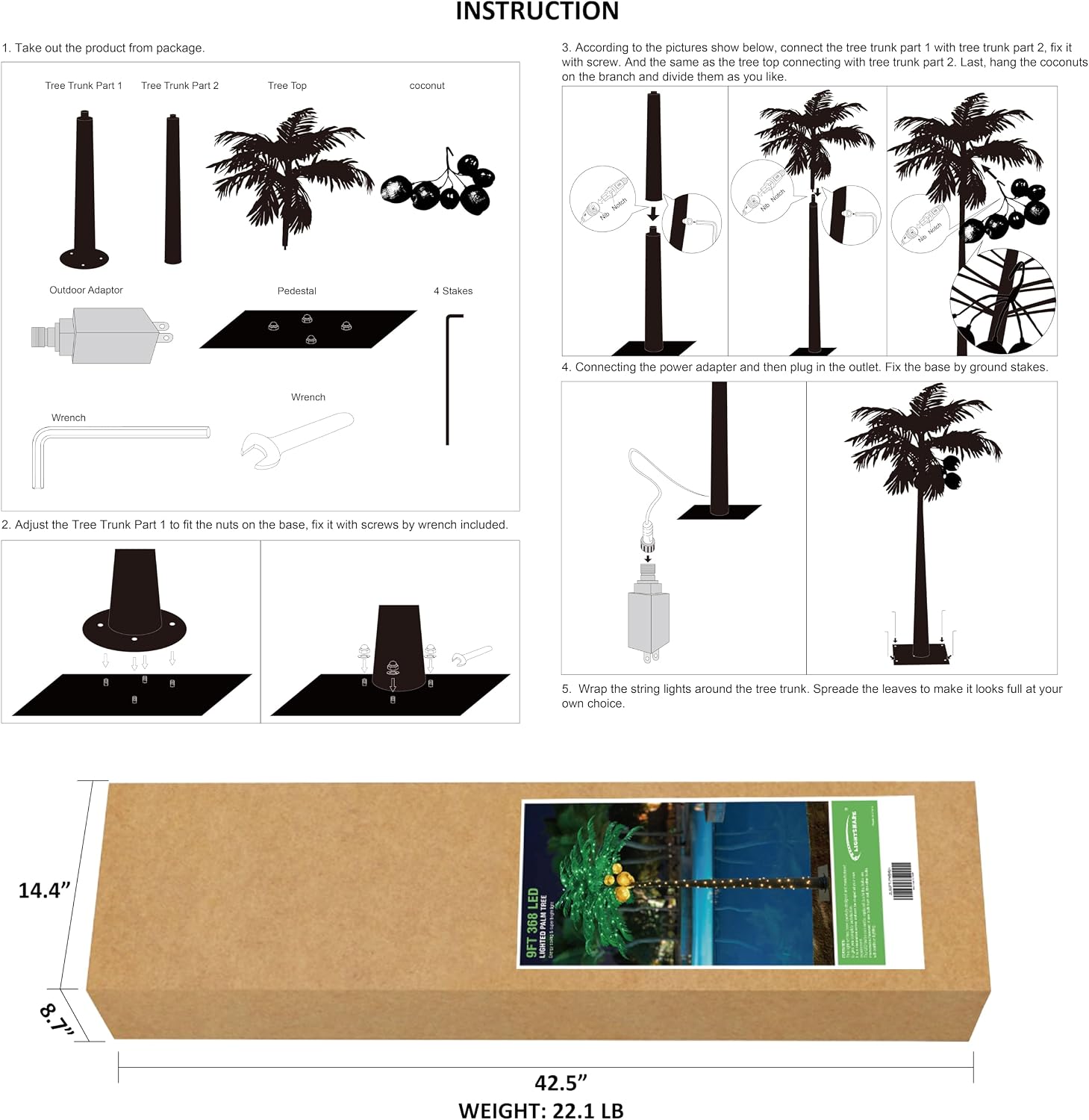 Lightshare 7 Feet Palm Tree 152LED Lights Artificial Fake Tree Decoration for Tiki Bar Outside Patio Porch Pool Christmas Nativity