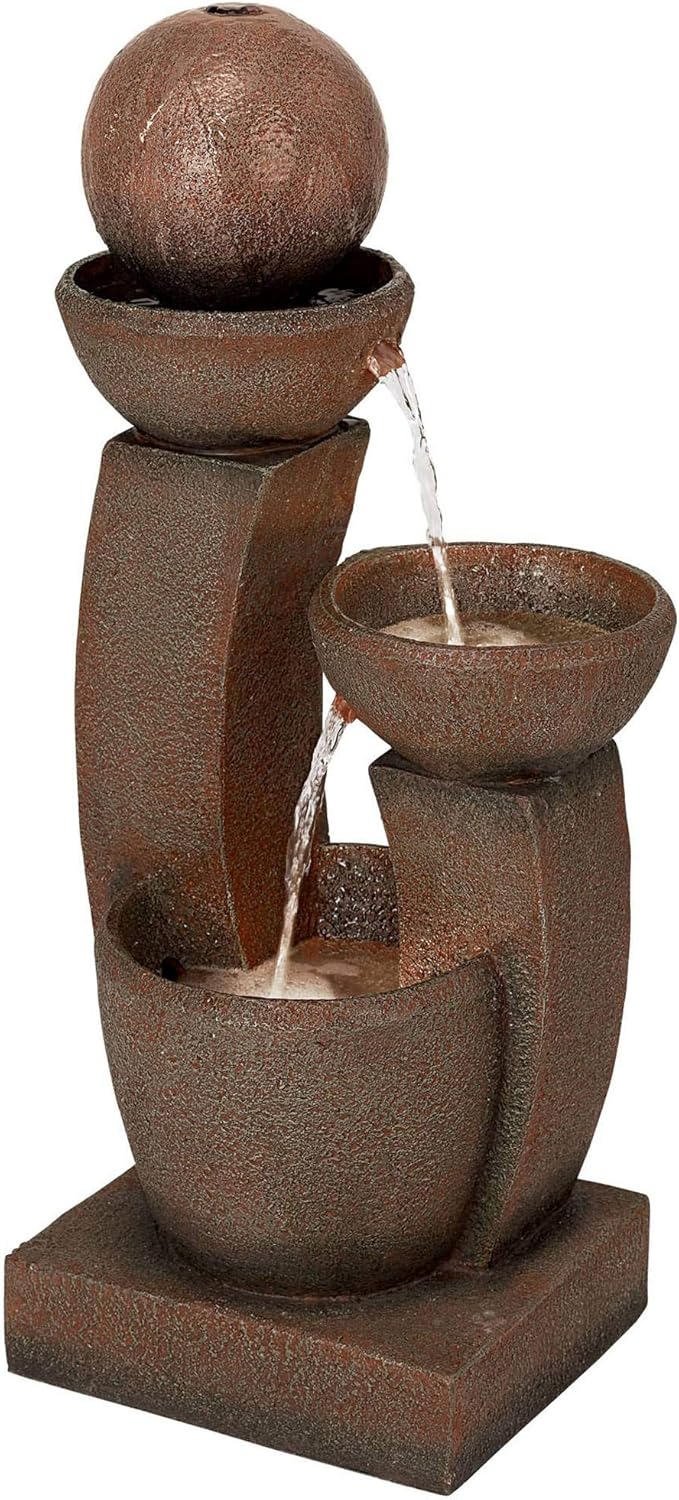 Curved Columns 31" High LED Light Modern Outdoor Indoor Large Fountain | Zen Decor Faux Stone Floor with Standing Waterfall Bowl Water Feature for