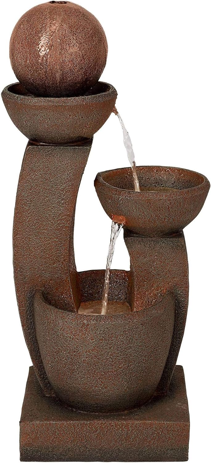 Curved Columns 31" High LED Light Modern Outdoor Indoor Large Fountain | Zen Decor Faux Stone Floor with Standing Waterfall Bowl Water Feature for