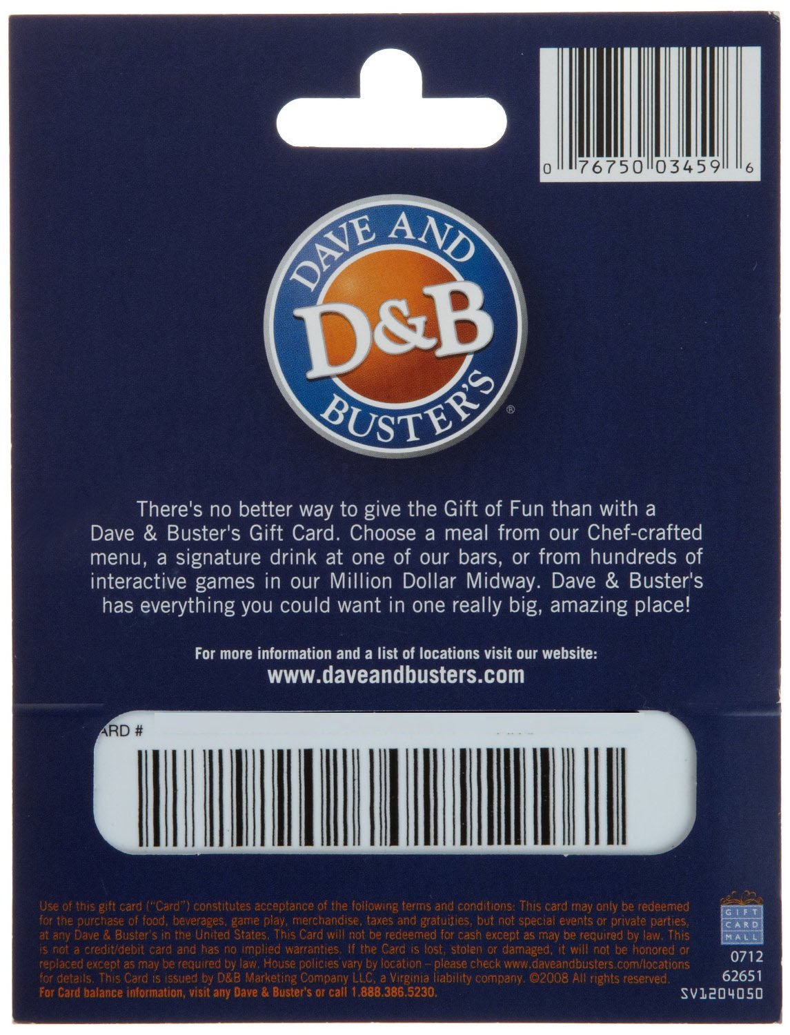 Dave & Buster's Physical Gift Card - $25