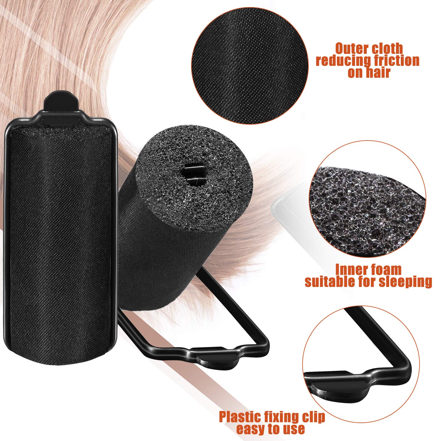 WILLBOND 40 Pcs Sponge Hair Rollers Satin Foam Curlers with Clips, Black
