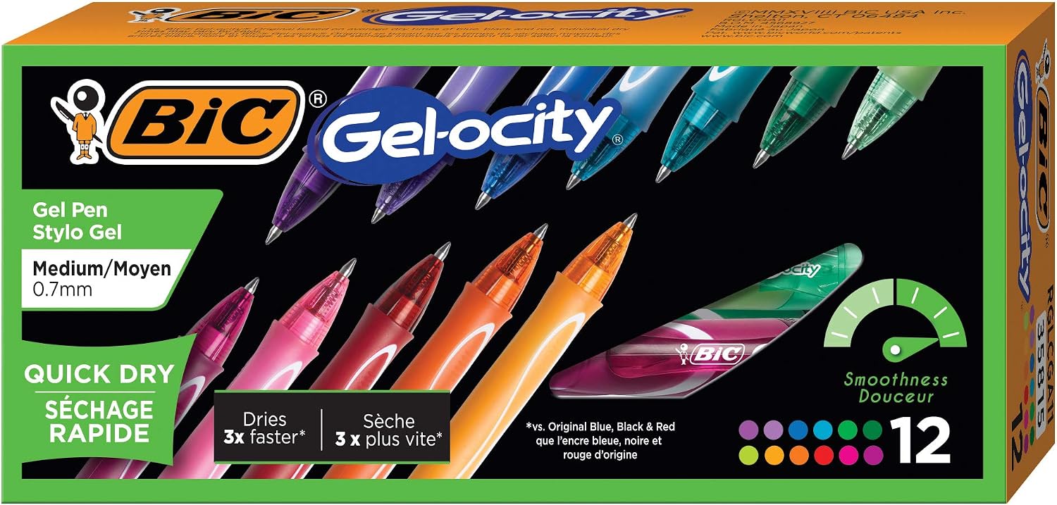 BIC Gelocity Quick Dry Black Gel Pens, Medium Point, 0.7 mm, 12-Count | Quick Dry Ink Resists Smearing | Full-Length Comfort Grip | Ideal for Students and Teachers | 12 Pens in Pack
