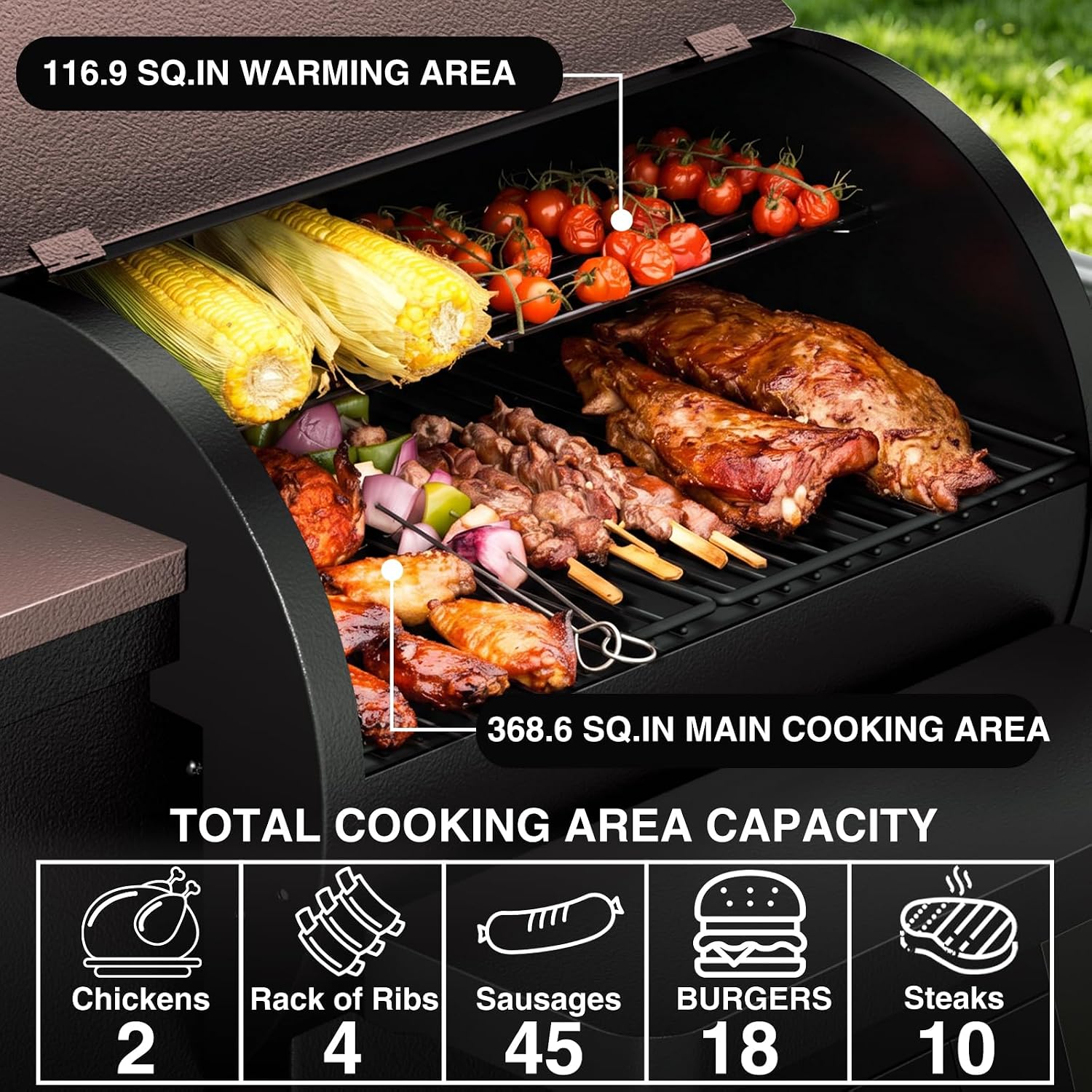 KingChii Electric Wood Pellet Grill & Smoker with Side Shelf, 456 SQ.IN Grill Capacity, with PID Temperature Control (180-425°F) for Backyard Camping Bake and Roast, Black