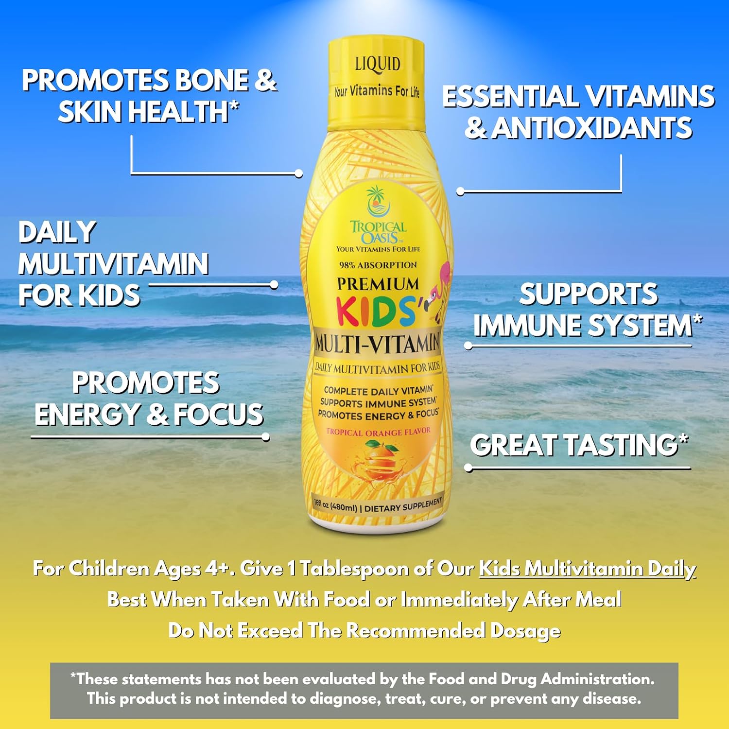 Premium Liquid Multivitamin For Kids | Sugar Free Kids Vitamins | 100% DV of 14 Vitamins for Kids | Multivitamin for Children Ages 4+ | Great Tasting, Non-GMO, Max 98% Absorption Rate- 16 oz, 32 Serv
