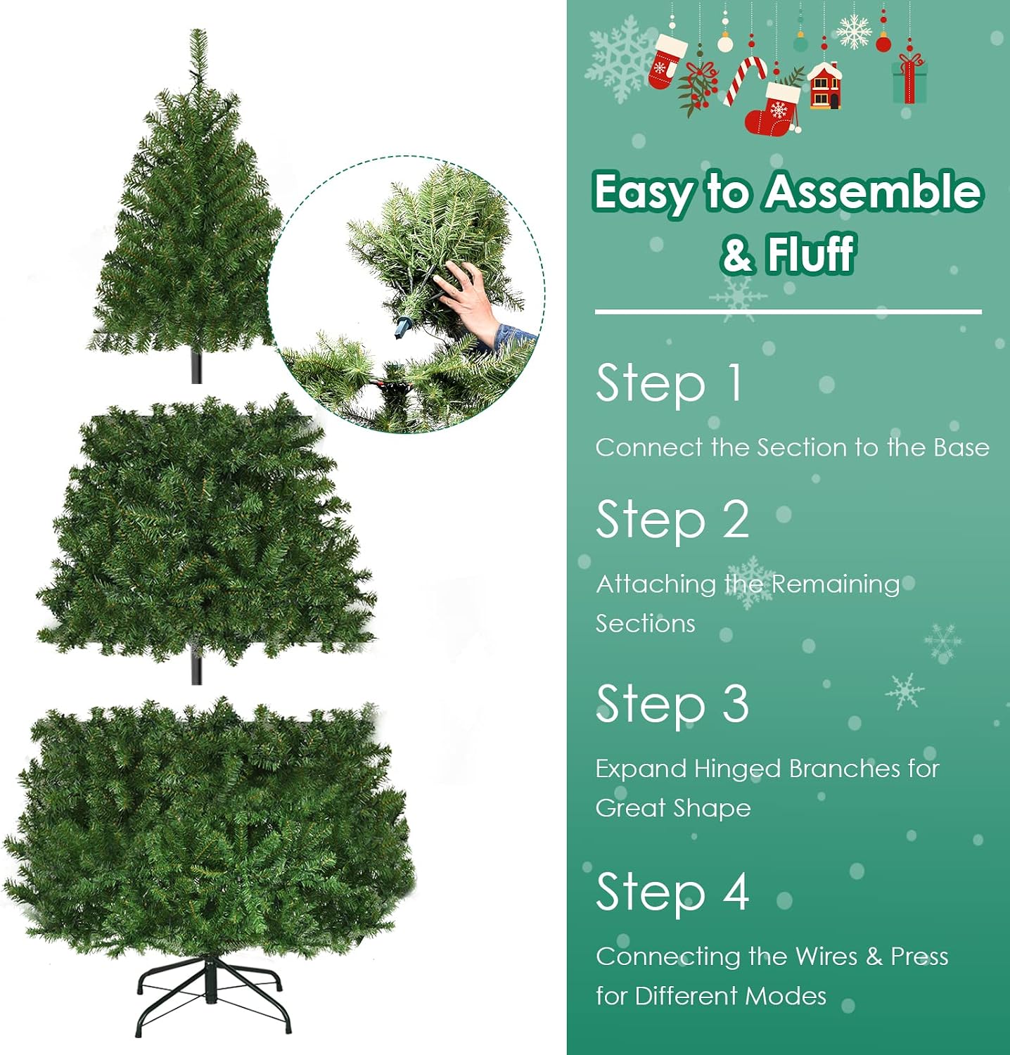 Goplus 7.5ft Pre-Lit Artificial Christmas Tree, Premium PVC Snow Flocked Hinged Pine Tree with Metal Stand and LED Lights