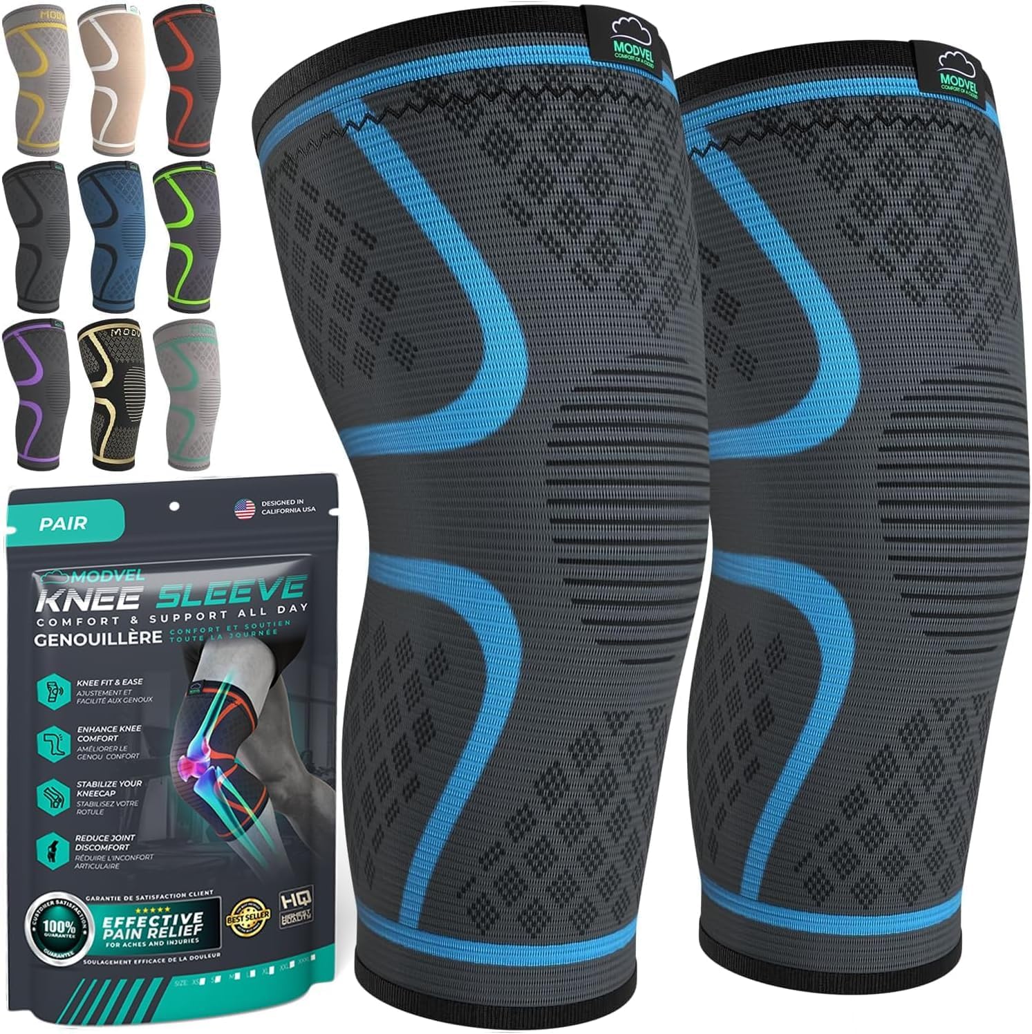 Modvel Compression Knee Brace for Women & Men - 2 Pack Knee Brace for Women Running Knee Pain, Knee Support Compression Sleeve