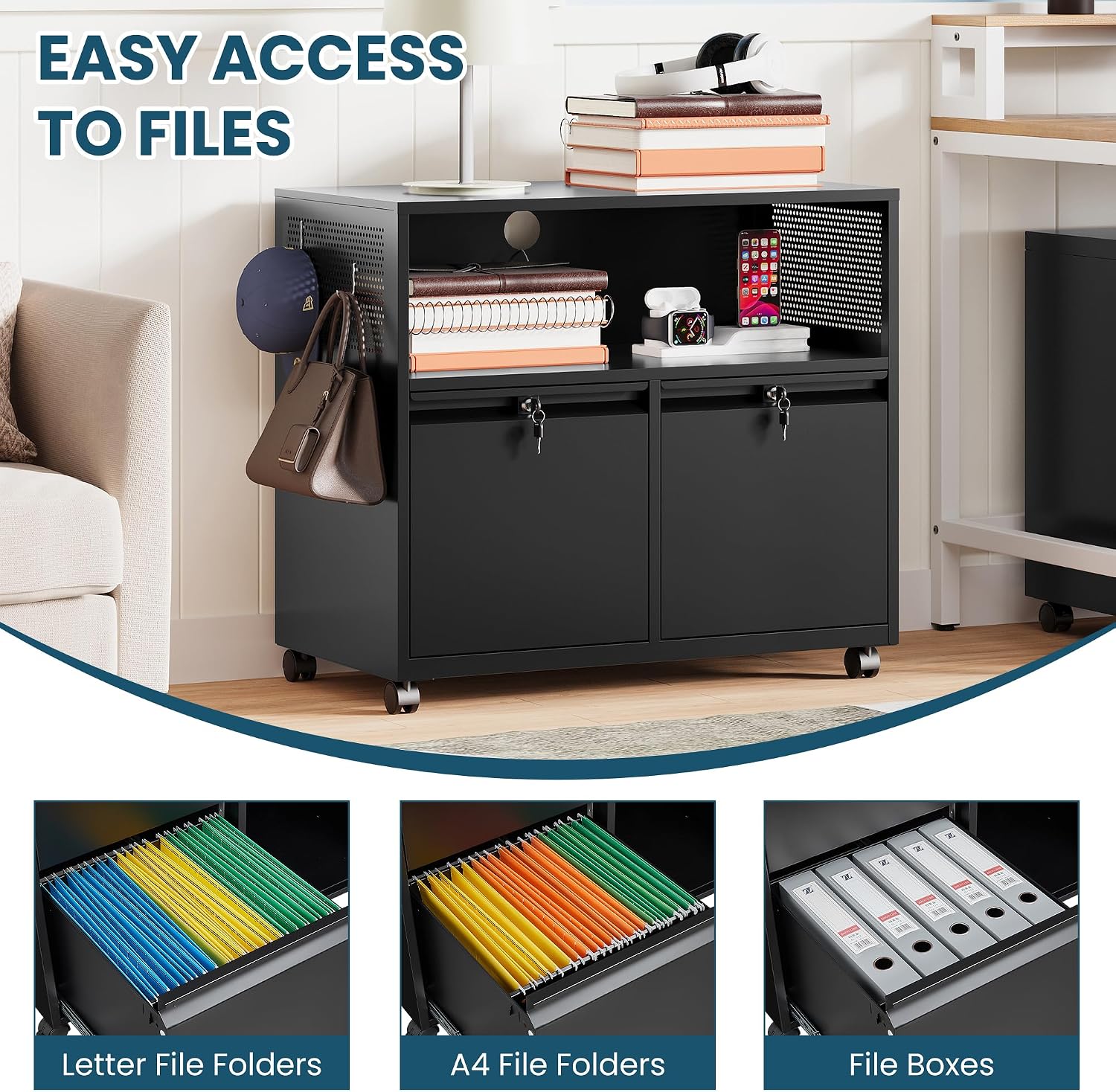 MIIIKO 3 Drawer File Cabinet with Lock, Metal Lateral Rolling Printer Stand Filing Cabinets for Home Office Storage,A4, Letter,File Folders(White)