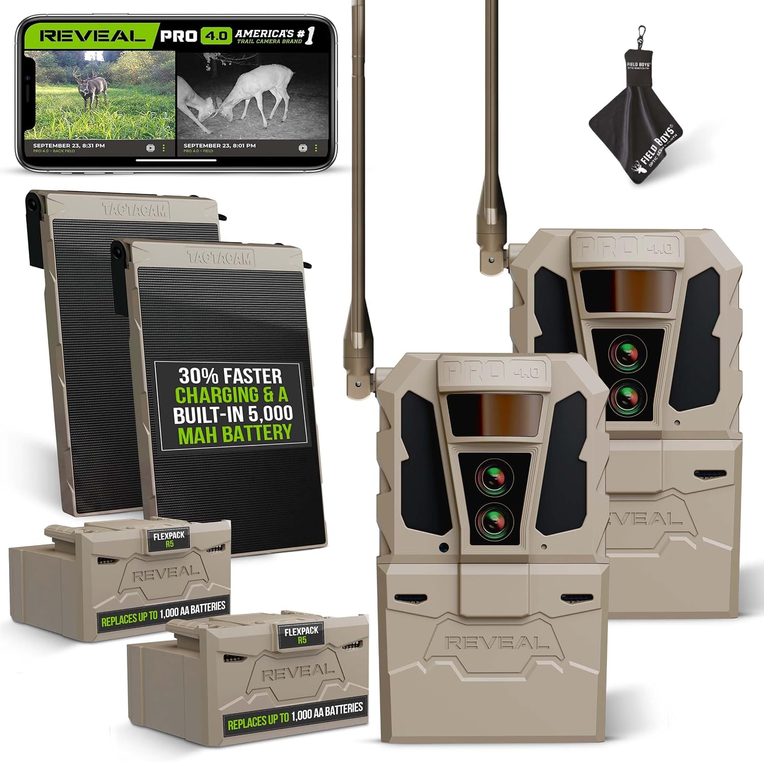 TACTACAM Reveal Pro 4.0 Cellular Trail Camera + FlexPack & Solar R5 (2PK) | Power Bundle – Night Vision, Waterproof, Dual Sensors, 4K