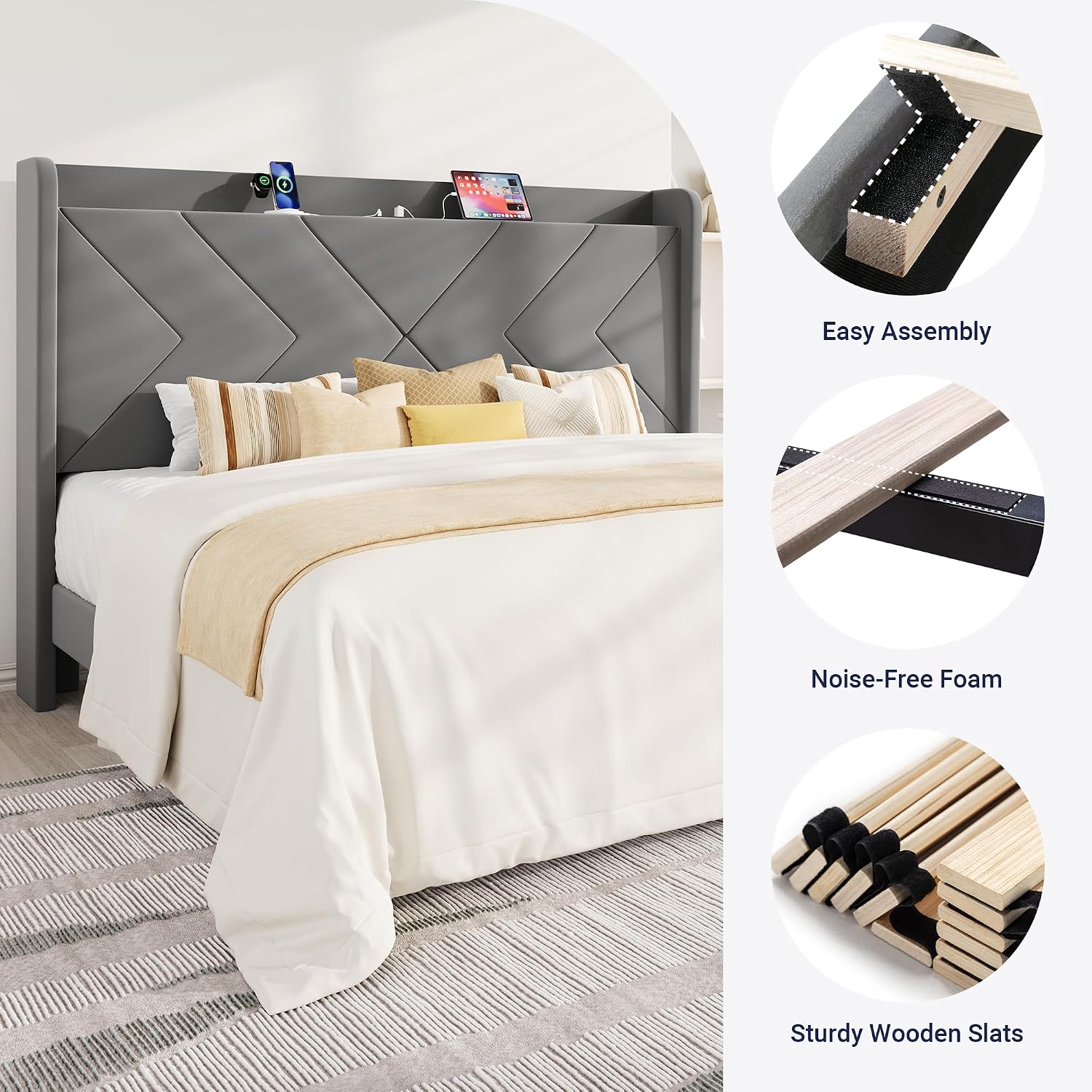 Allewie Full Size Platform Bed Frame with Charging Station and Storage Shelf/Upholstered Velvet Wingback Headboard/Wooden Slats Support/No Box Spring Needed/Easy Assembly, White