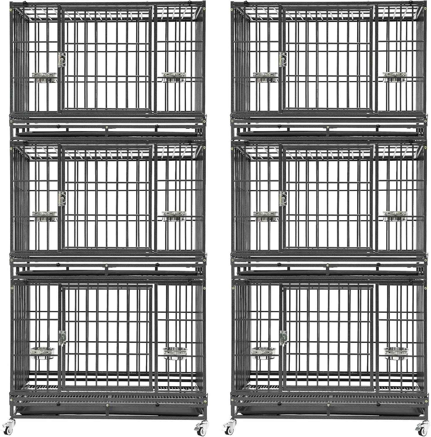 Homey Pet Three Tiers 43 inch Heavy Duty Dog Crate with Wheels, Dual Doors | Stackable Indestructible Steel Dog Cage Kennel Indoor with Divider, Trays, Bowls, Escape Proof Locks for Breeders and More