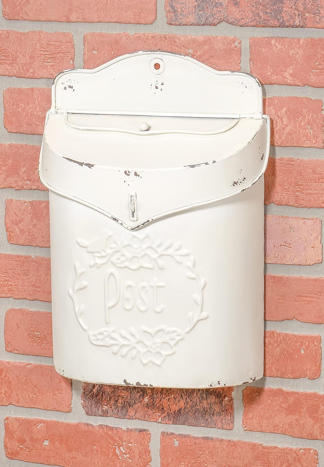 Red Co. 10.5” x 15” Decorative Distressed Metal Wall-Mounted Post Mailbox, Farmhouse White