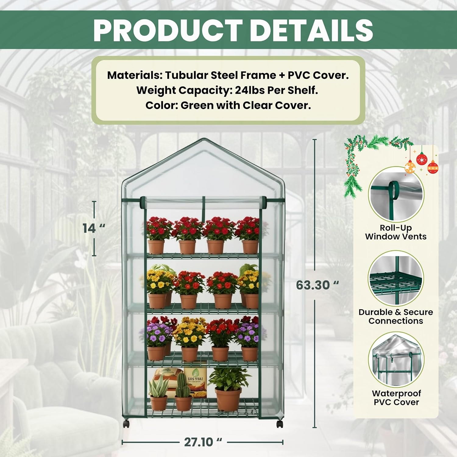 4 Tier Mini Greenhouse - Portable Greenhouse with Locking Wheels and PVC Cover for Indoor or Outdoor Green House by Pure Garden