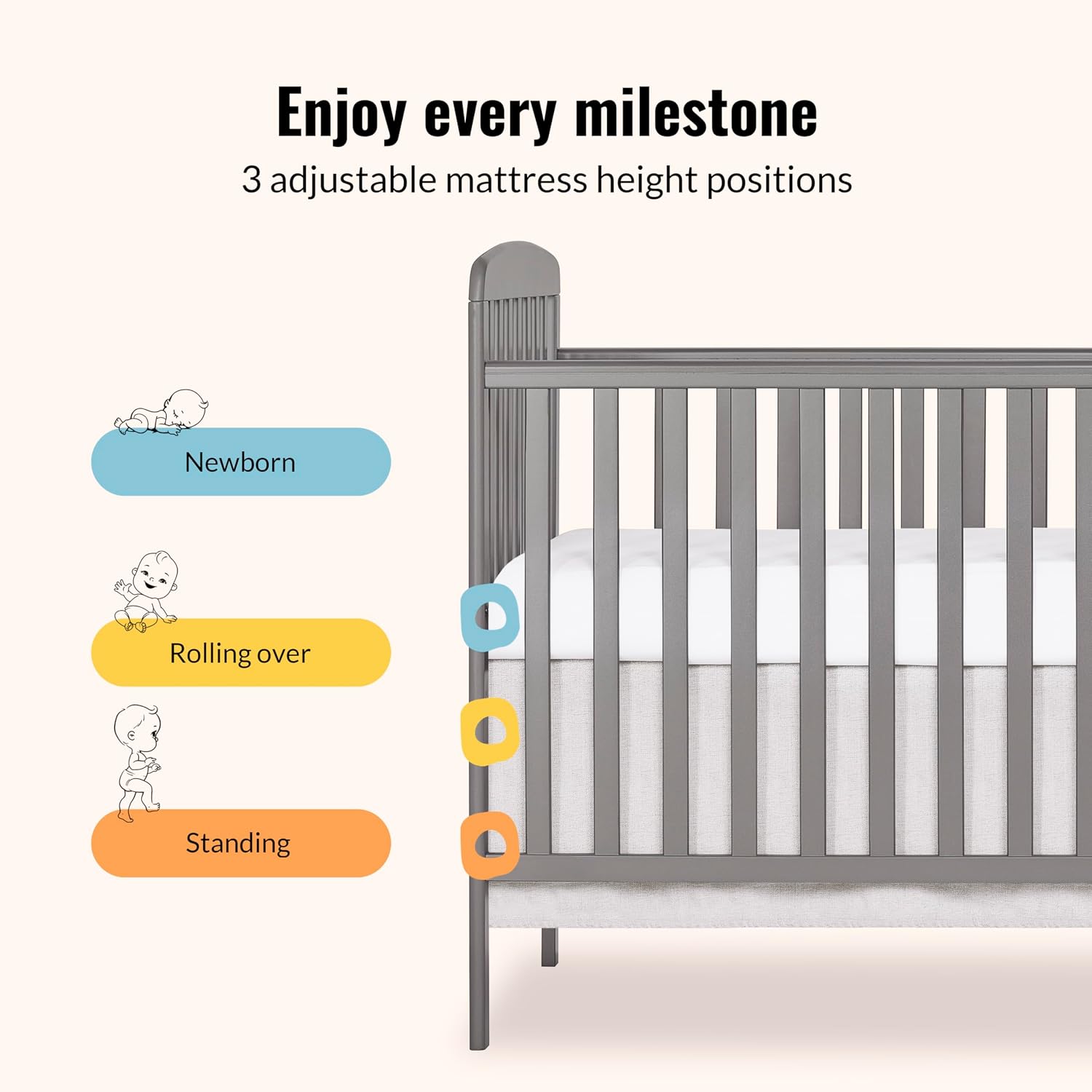 Dream On Me Anna 3-in-1 Convertible Full-Size Baby Crib & Changer with Storage in Steel Grey, GreenGuard Gold & BSA, Pinewood
