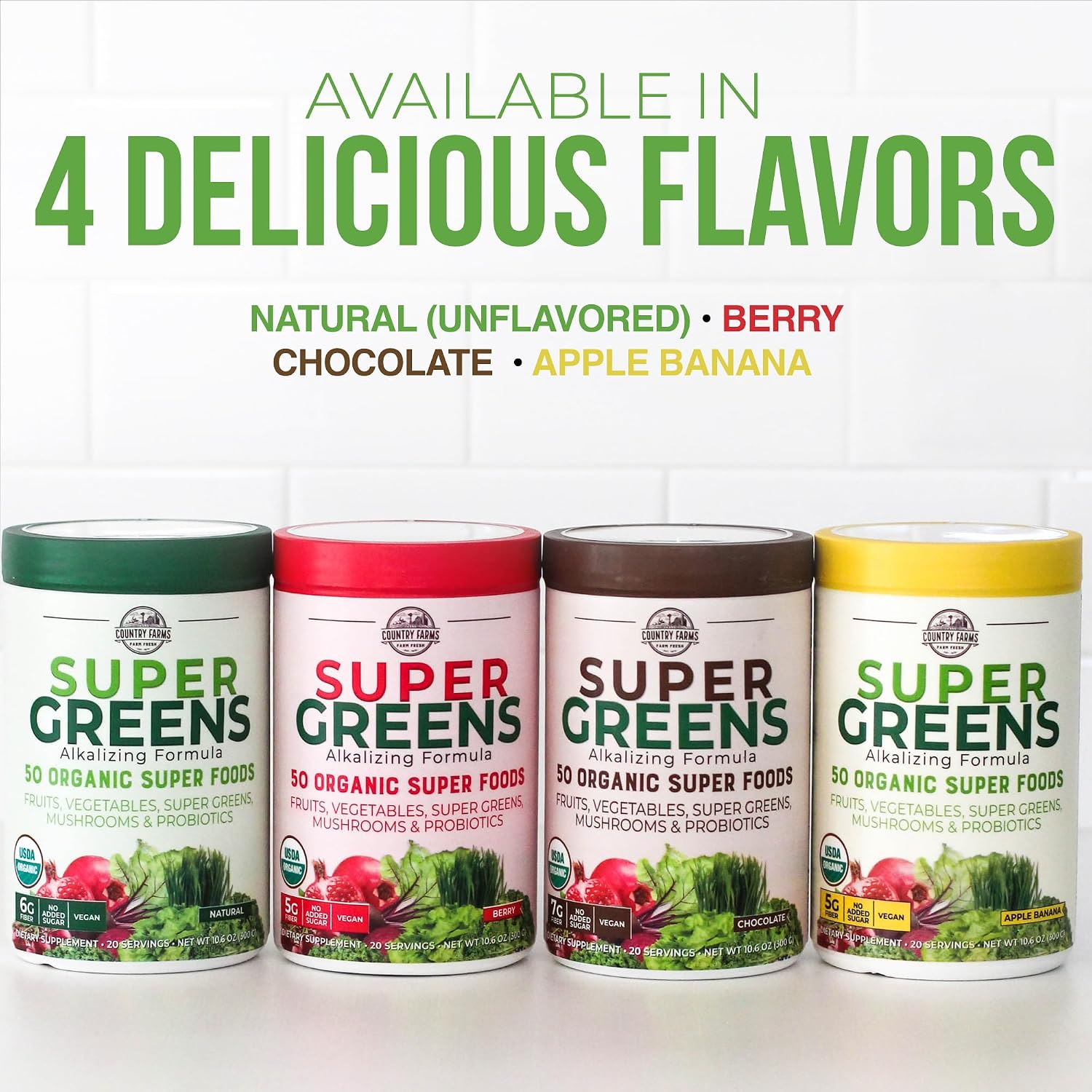 Country Farms Organic Super Greens Powder, Daily Greens Drink Mix with 50 Organic Superfoods, Fruits, Vegetables, Fiber, Mushrooms & Probiotics for Gut Health, Digestion & Energy, Berry Flavor