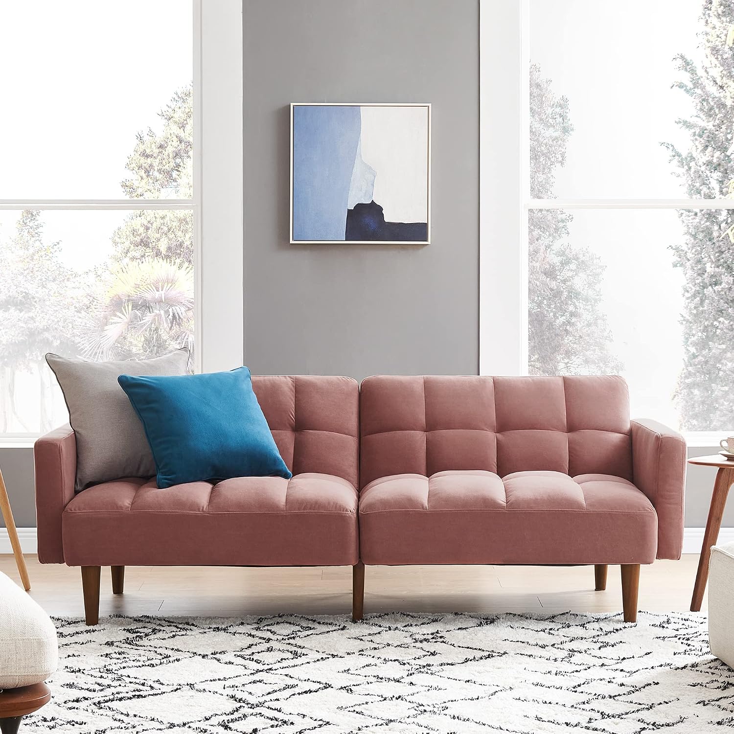 mopio 76.4" Futon Sofa Bed Chevron Styled, Sleeper Couch (Old Rosa Velvet)