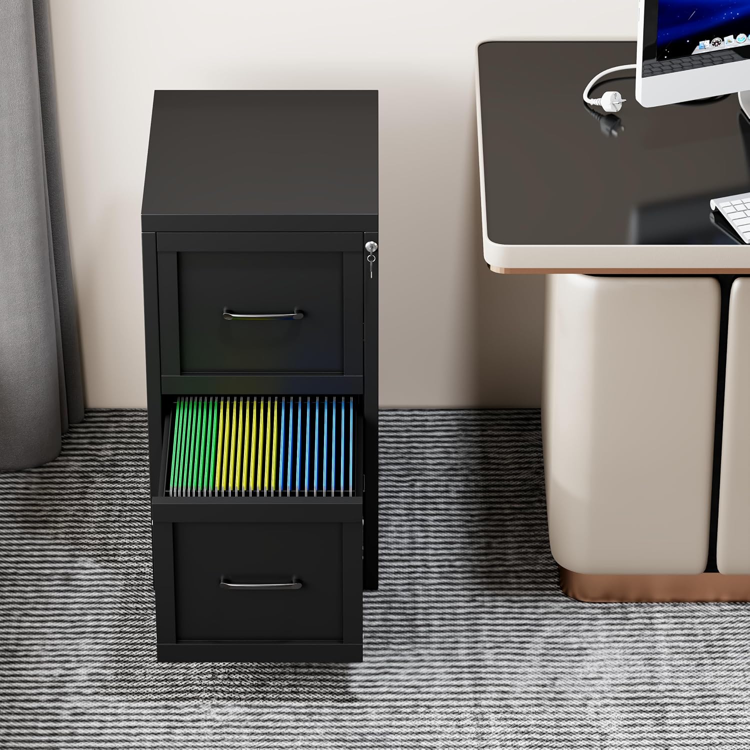 3 Drawer File Cabinet, Office Mobile Filing Cabinet, Printer Stand | All-in-One Office Storage, 3 Storage Drawers, 2 Adjustable Shelves, Lockable Cabinet, 4 Casters, 46.5-Inch Top