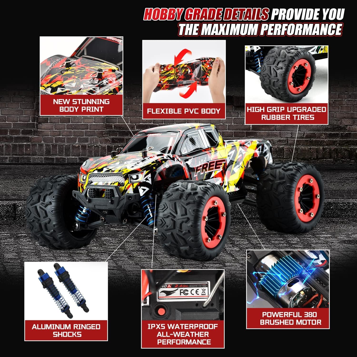 1:16 Scale All Terrain Fast RC Cars for Adults 40KPH, 4WD Electric Off-Road Remote Control Monster Truck with Metal Chassis, 2.4Ghz High Speed Car, Waterproof RC Truck with 2 Batteries for Boys & Kids