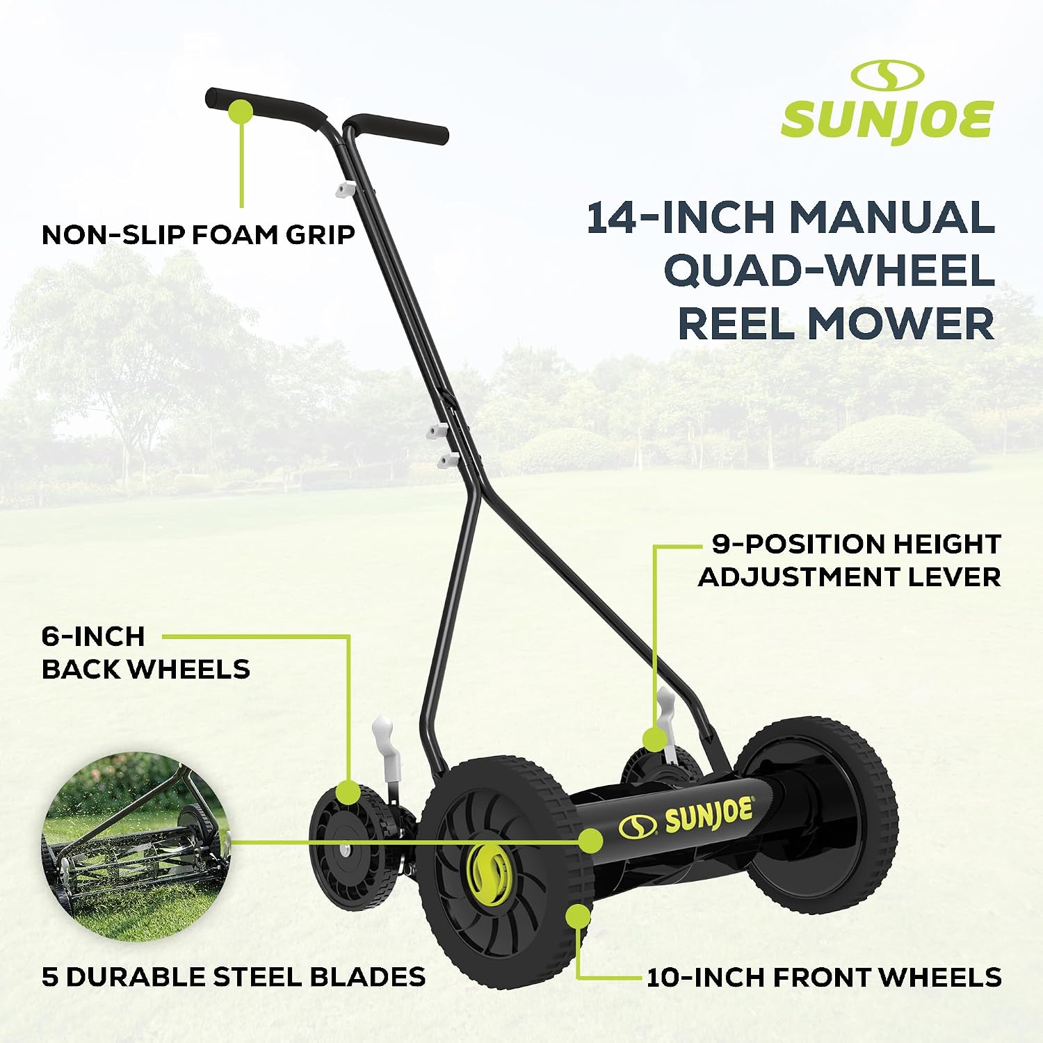Sun Joe Manual Push Reel Lawn Mower with 6.6-Gal Grass Catcher, 16-Inch Cutting Width - Heavy-Duty Yard Trimmer Machine for Gardening Care and Maintenance, MJ500M