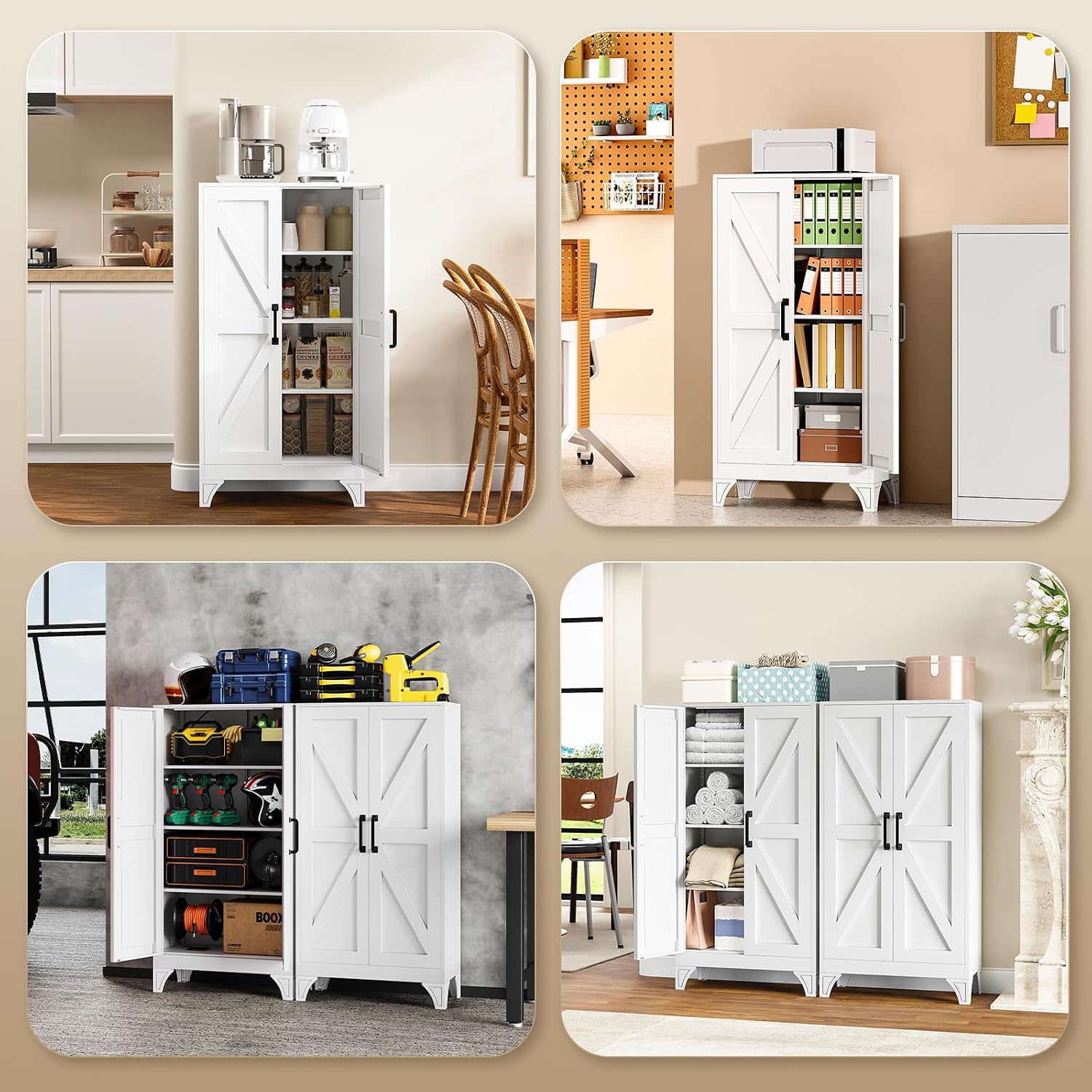 Metal Storage Cabinet with 2 Doors and 4 Adjustable Shelves - 61" White Kitchen Pantry Storage 5-Tier Tall Steel Cabinets Locker for Kitchen, Living Room, Dining Room