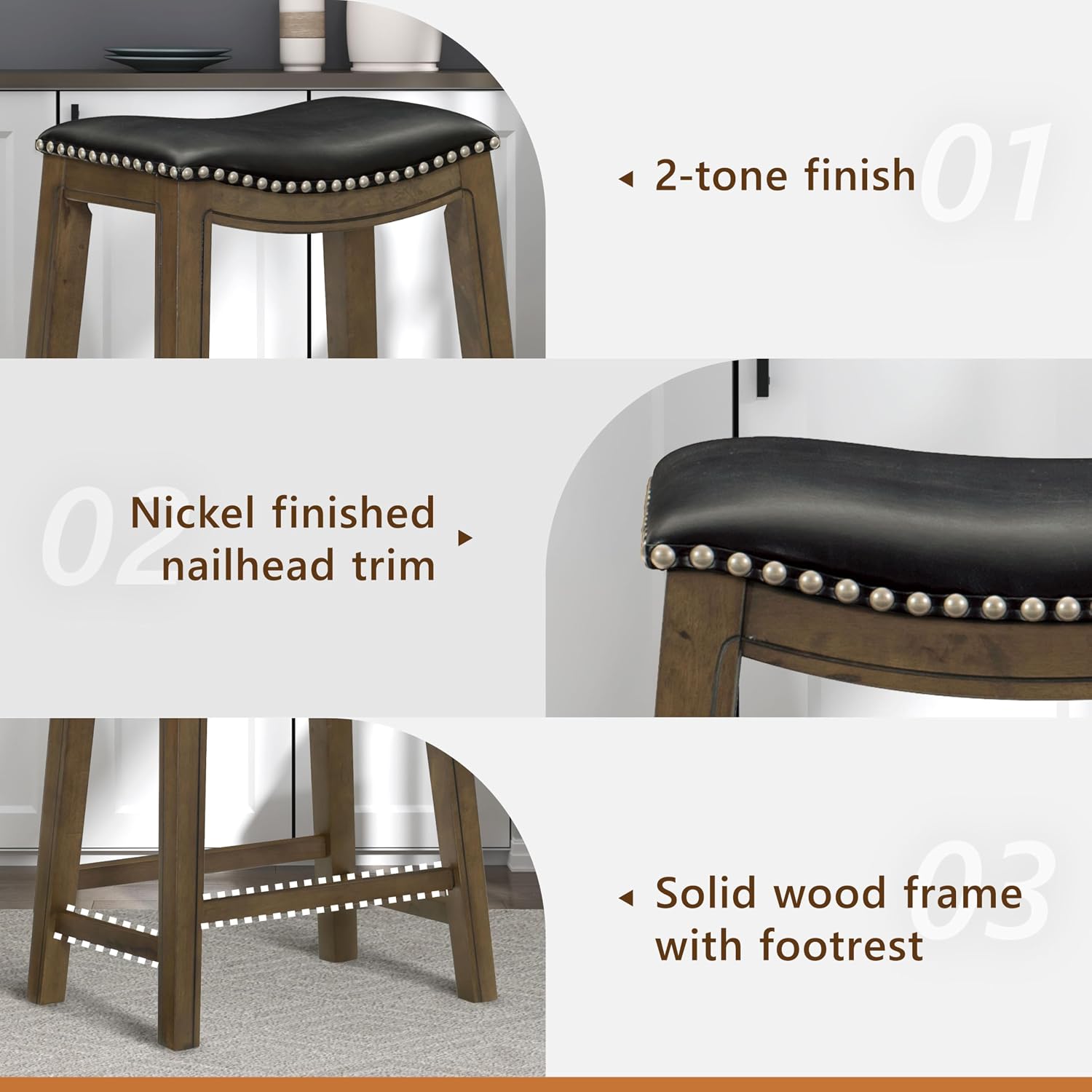 Lexicon Ordway Solid Wood Counter Height Stool - Saddle Kitchen Stool Counter Height Stools for Dining, Armless Chair Seating Options, Perfect for Casual Entertaining Spaces, 25" SH, Black
