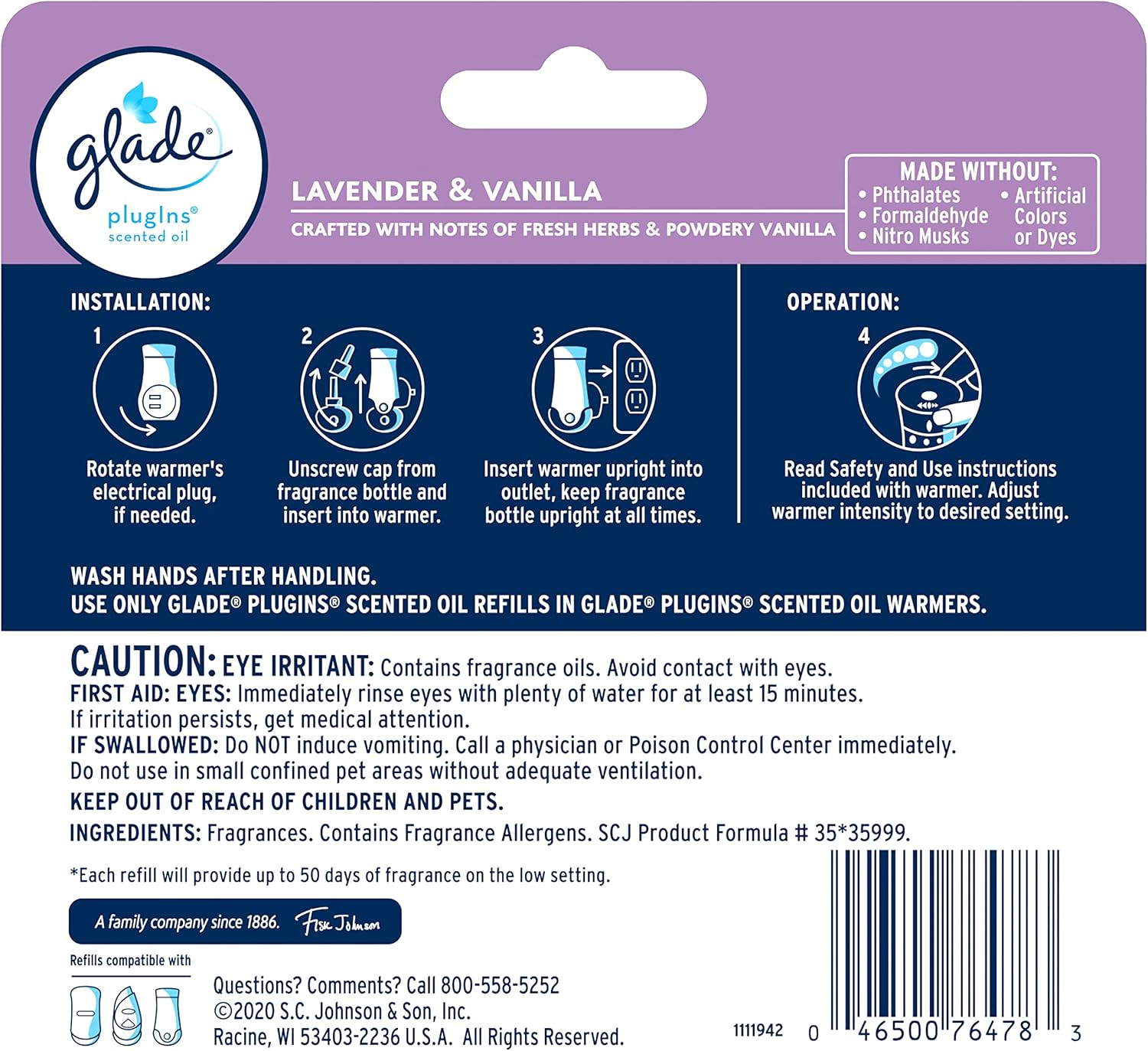 Glade PlugIns Refills Air Freshener, Scented and Essential Oils for Home and Bathroom, Cashmere Woods, 2.01 Fl Oz, 3 Count