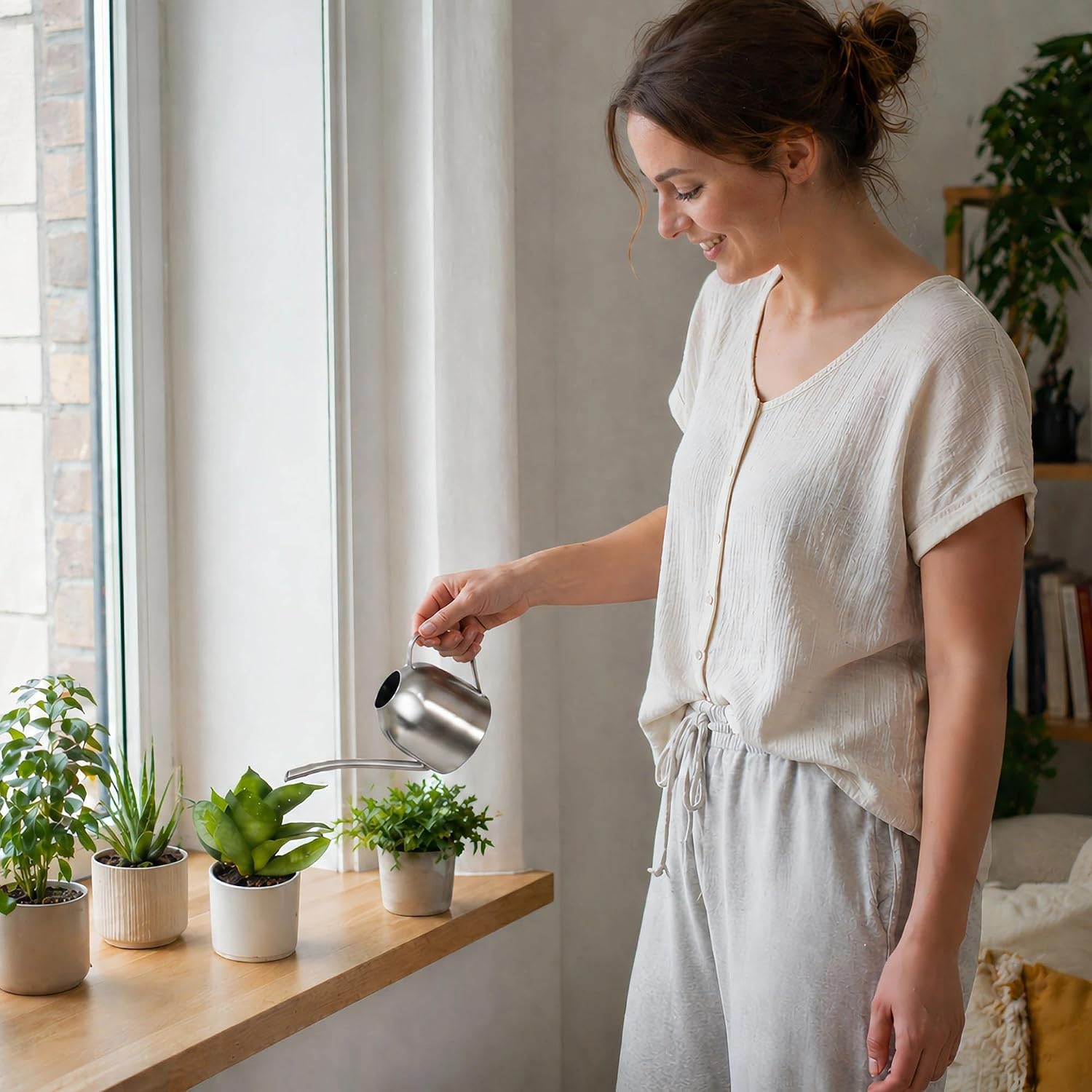 IMEEA Indoor Watering Can for House Plants 33oz/1L Brushed Stainless Steel Watering Can with Long Spout for Succulents, Bonsai