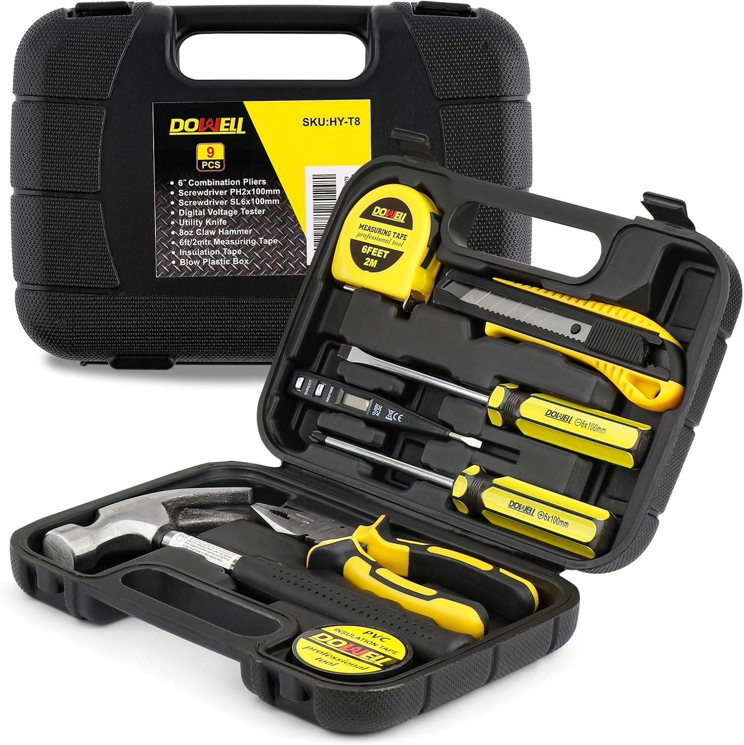 DOWELL Tool Kit, Hand Tool Set with Hammer, 9 Piece | mini tool kit, heat-treated chrome-plated steel, TPR ergonomic handles, blow-molded case, ultra-compact for storage