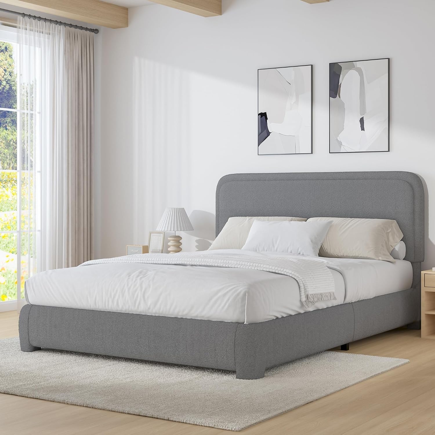 BarnFurin Full Bed Frame, Cloud Boucle Headboard, Rounded Corners, White | Soft boucle and rounded edges create a low-profile cloud look. Wooden slats support the mattress without a box spring