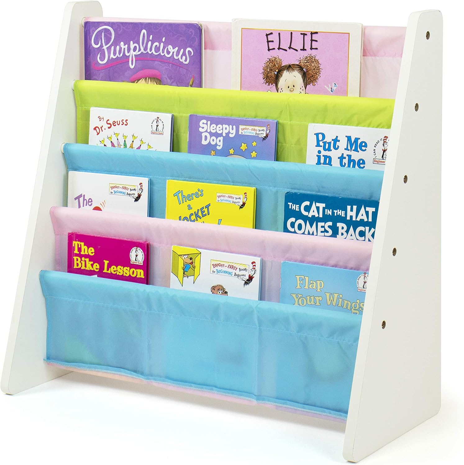 Humble Crew Kids Bookshelf, Montessori Front Facing Toddler Bookcase 4 Tier | Book display rack and reading nook organizer, nylon pockets show covers face out, compact for any playroom or bedroom space