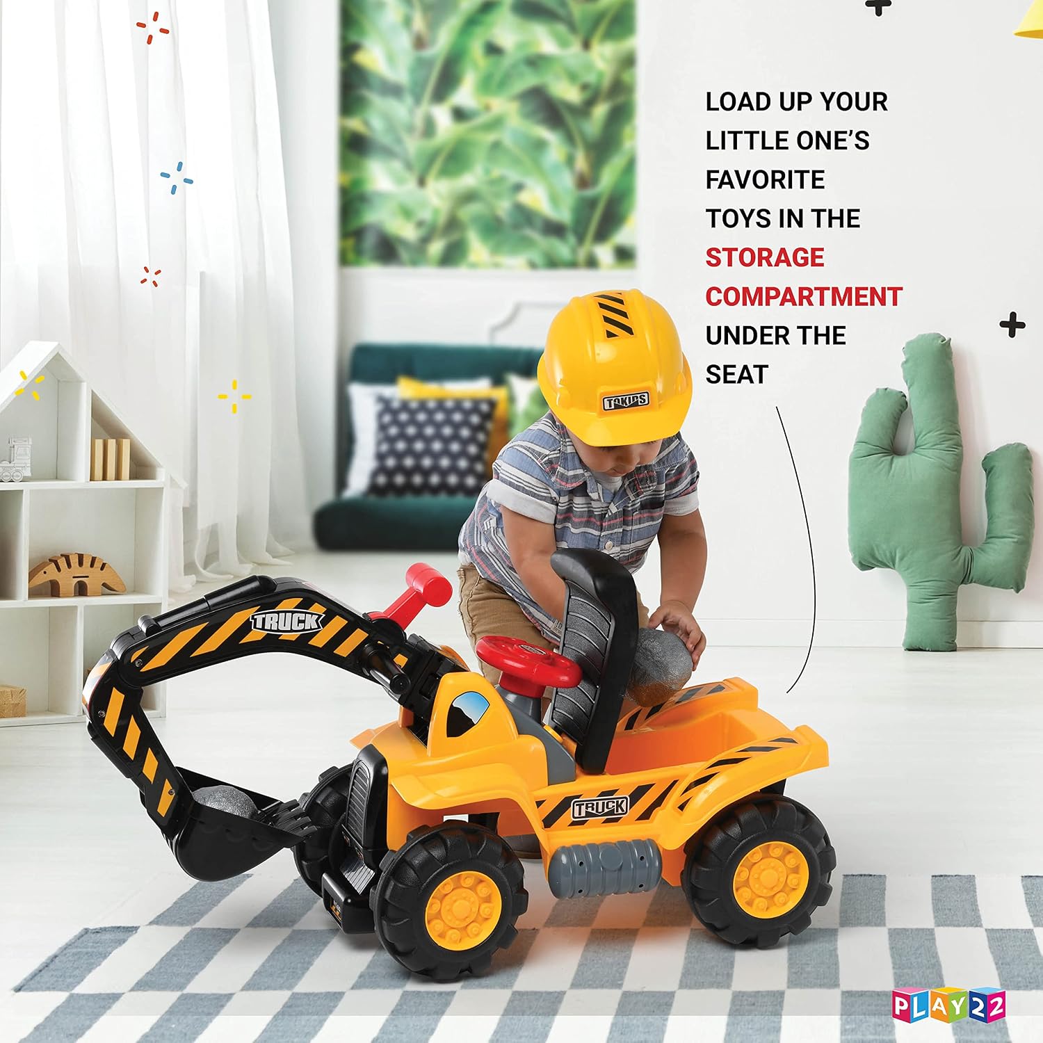 Play22 Toy Tractors for Kids Ride On Excavator - Music Sounds Digger Scooter Bulldozer Includes Helmet with Rocks - Pretend Play - Toddler