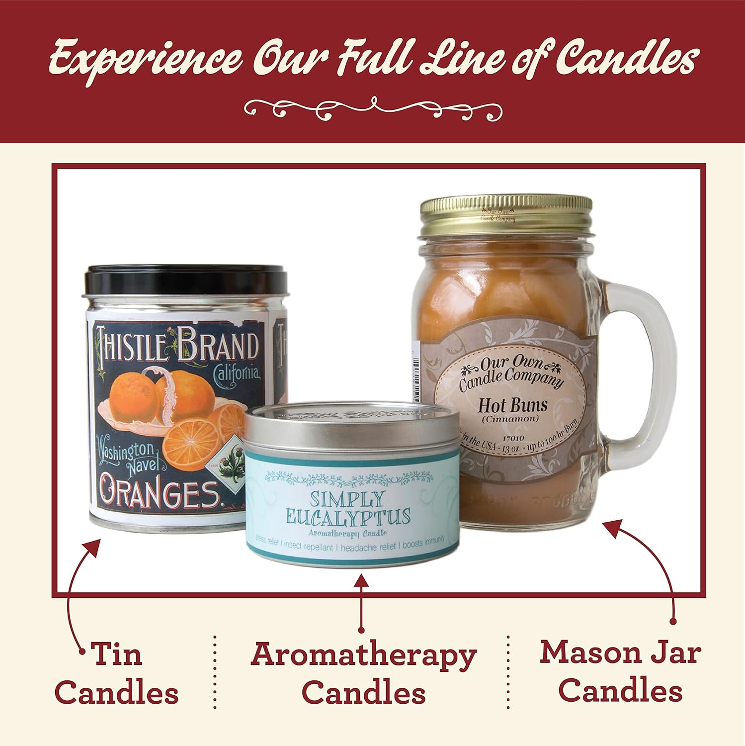 Balsam Pine Scented Mason Jar Candle, Our Own Candle Company, 13 oz | Clean, fresh Balsam-pine-tree scent; soy blend wax; lead-free wick with patented straightener; long lasting